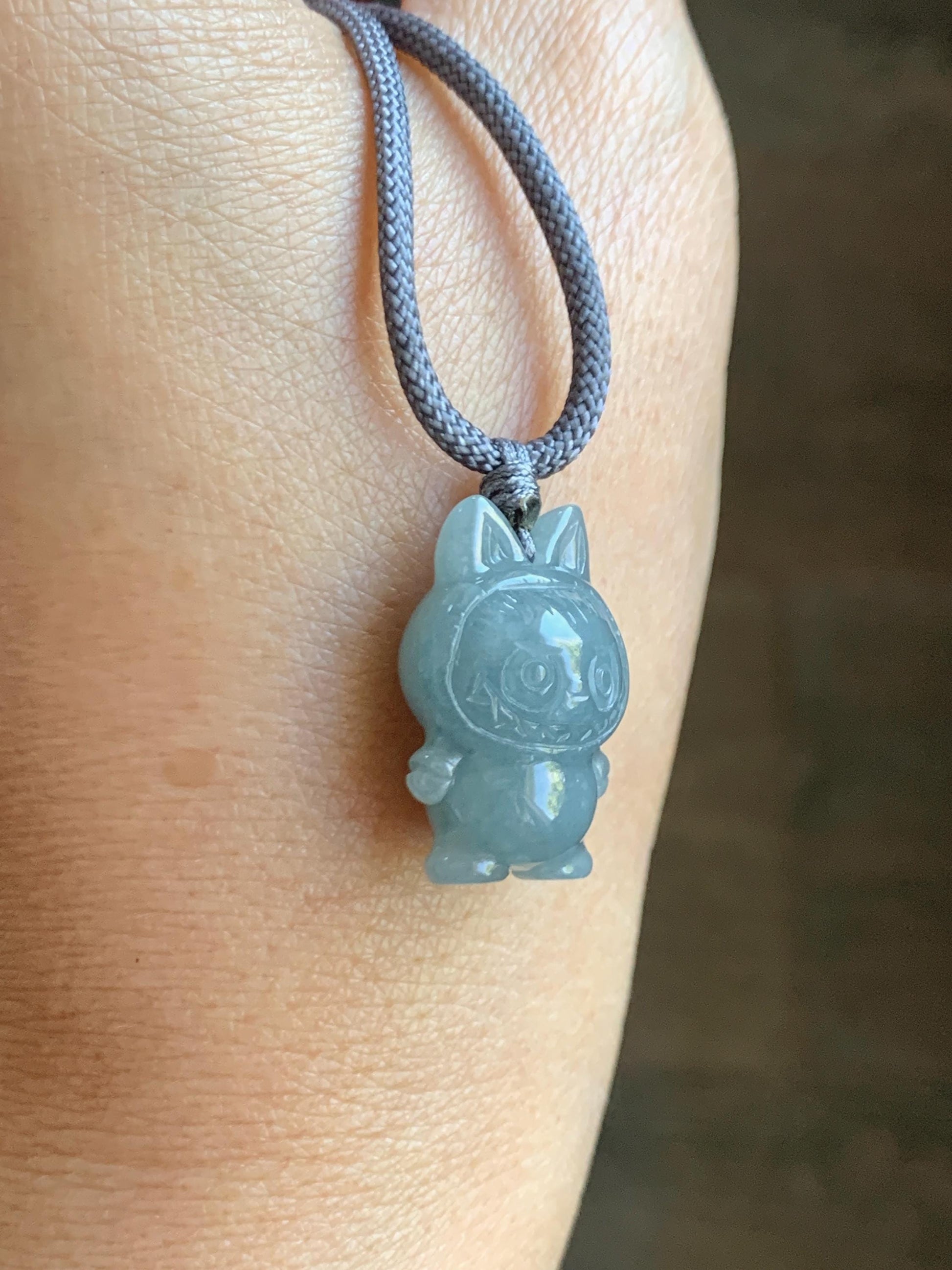 Natural Grade A Icy Translucent Dusty Blue Jade Jadeite Carved Monster Plush Pendant Rope Necklace 26” 9g 天然冰胶灰蓝底翡翠吊坠 DLBB88