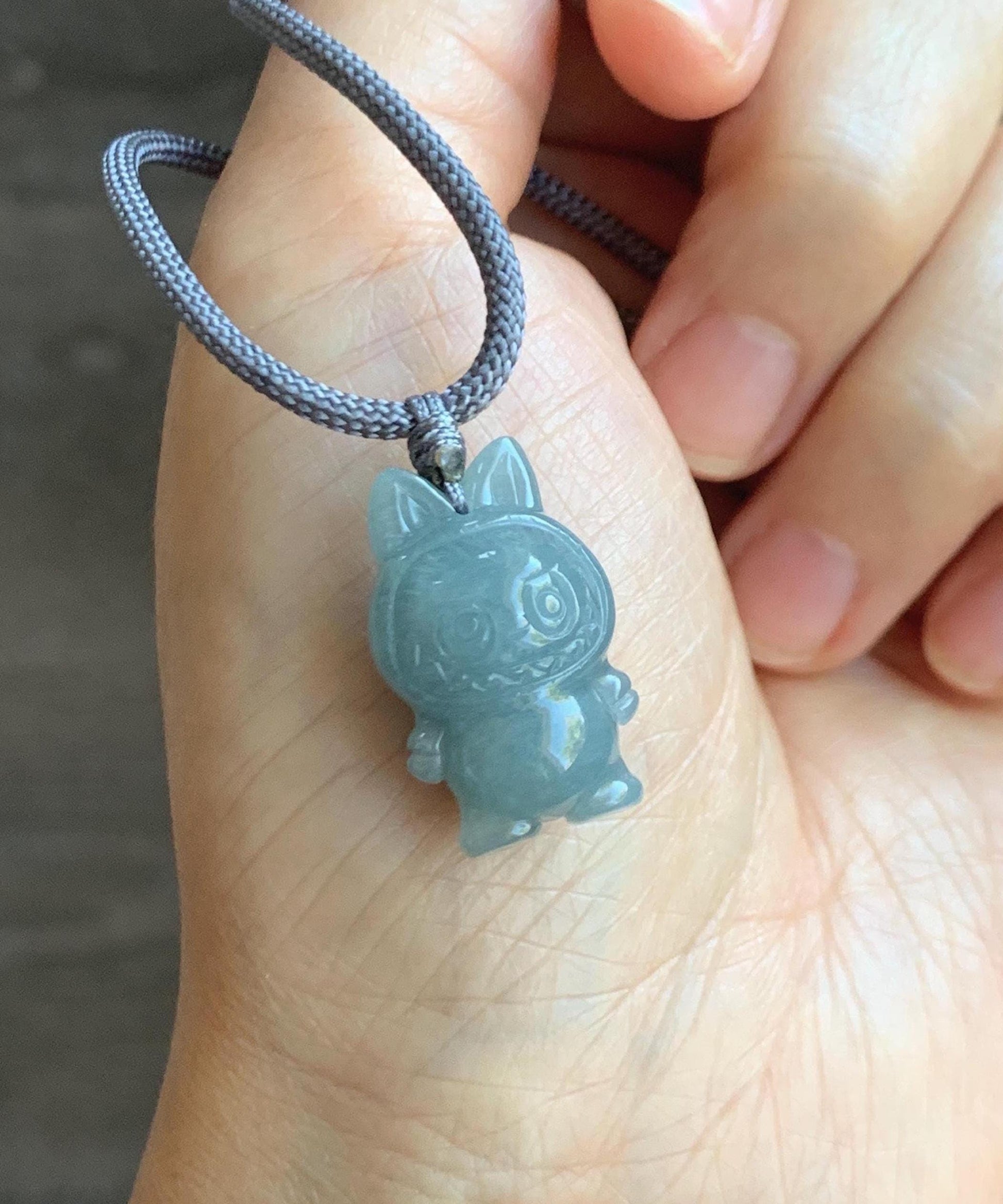 Natural Grade A Icy Translucent Dusty Blue Jade Jadeite Carved Monster Plush Pendant Rope Necklace 26” 9g 天然冰胶灰蓝底翡翠吊坠 DLBB88