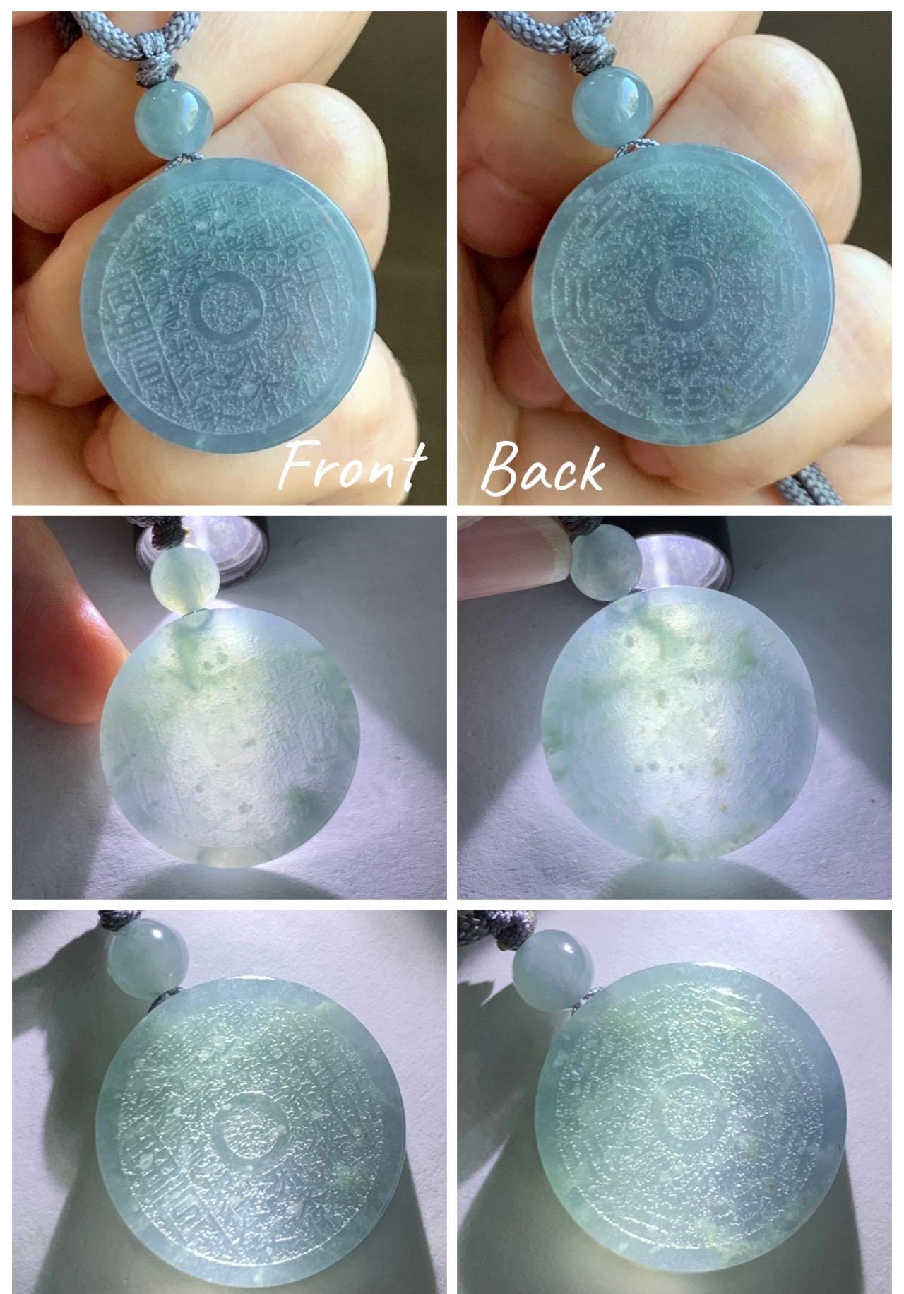 Natural Guatemalan Icy Translucent Dusty Blue Jade Jadeite Mountain Ghost Eight Trigrams Coin Pendant Rope Necklace 天然冰危浅蓝翡翠精工山鬼币吊坠 ZWSG81