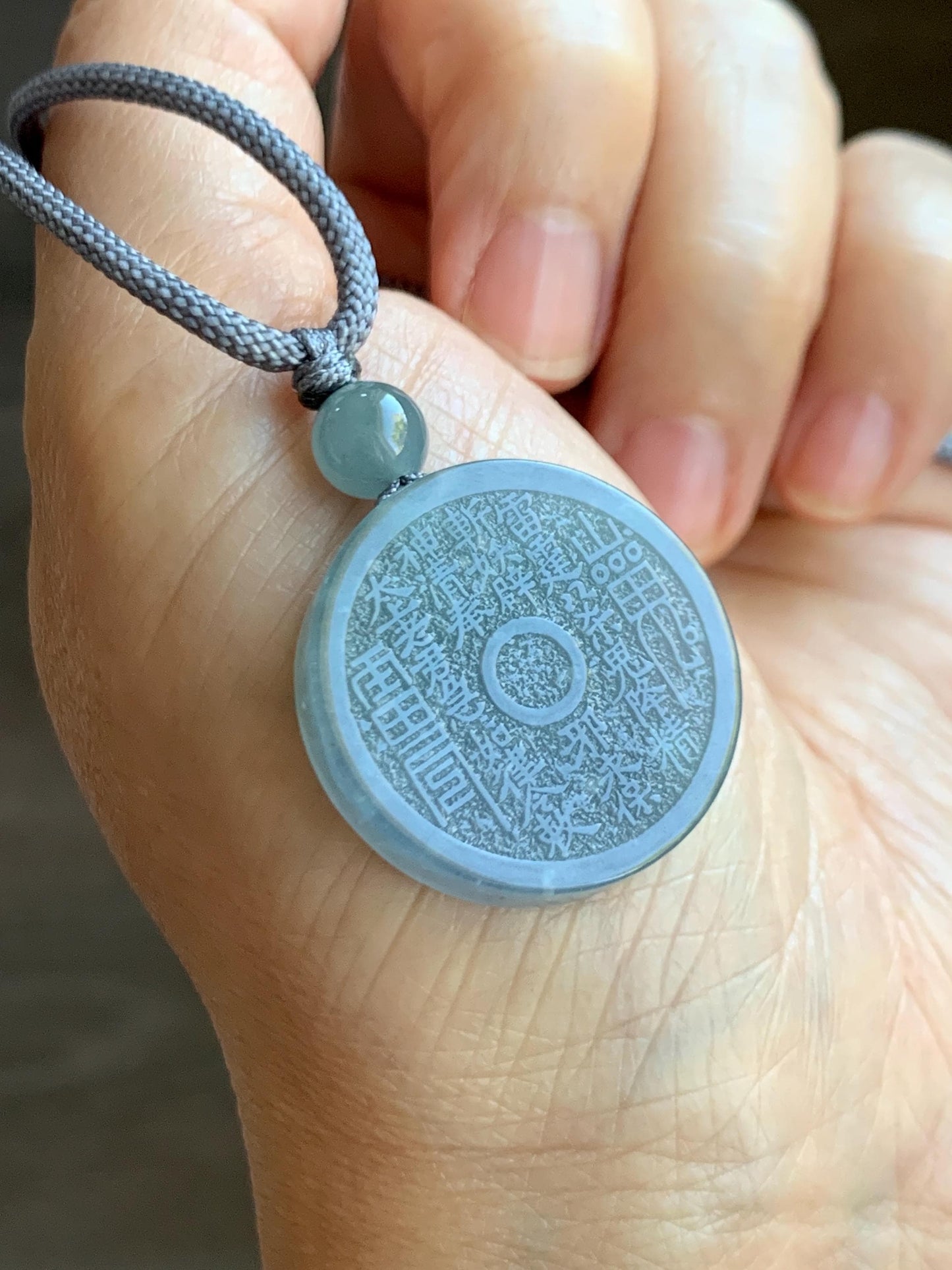 Natural Guatemalan Icy Translucent Dusty Blue Jade Jadeite Mountain Ghost Eight Trigrams Coin Pendant Rope Necklace 天然冰危浅蓝翡翠精工山鬼币吊坠 ZWSG81