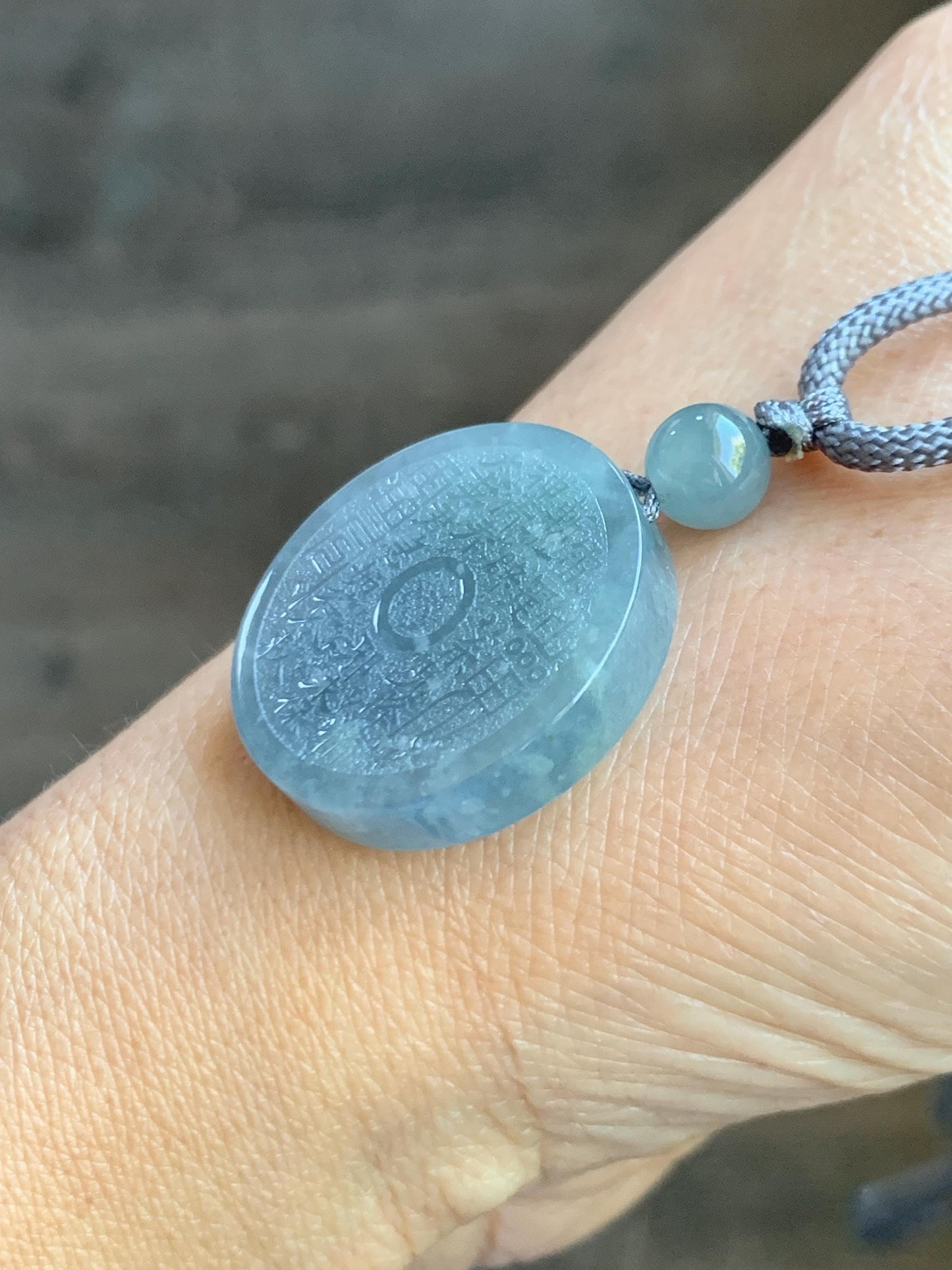 Natural Guatemalan Icy Translucent Dusty Blue Jade Jadeite Mountain Ghost Eight Trigrams Coin Pendant Rope Necklace 天然冰危浅蓝翡翠精工山鬼币吊坠 ZWSG81