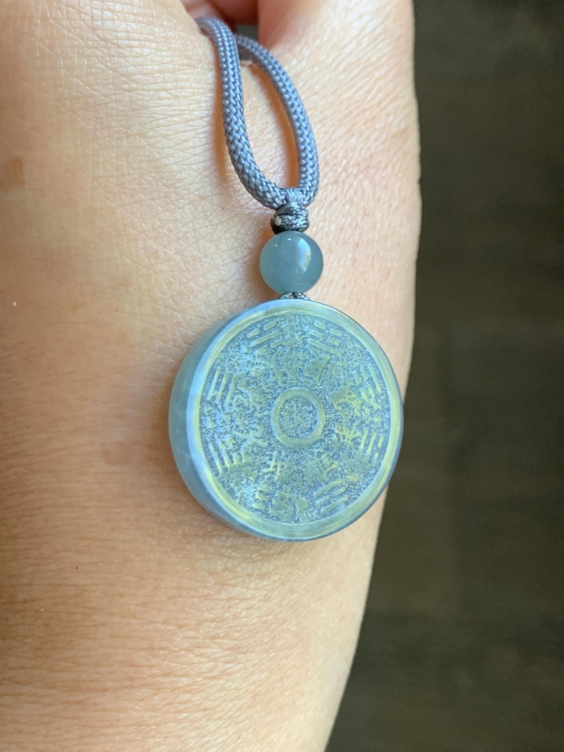 Natural Guatemalan Icy Translucent Dusty Blue Jade Jadeite Mountain Ghost Eight Trigrams Coin Pendant Rope Necklace 天然冰危浅蓝翡翠精工山鬼币吊坠 ZWSG81