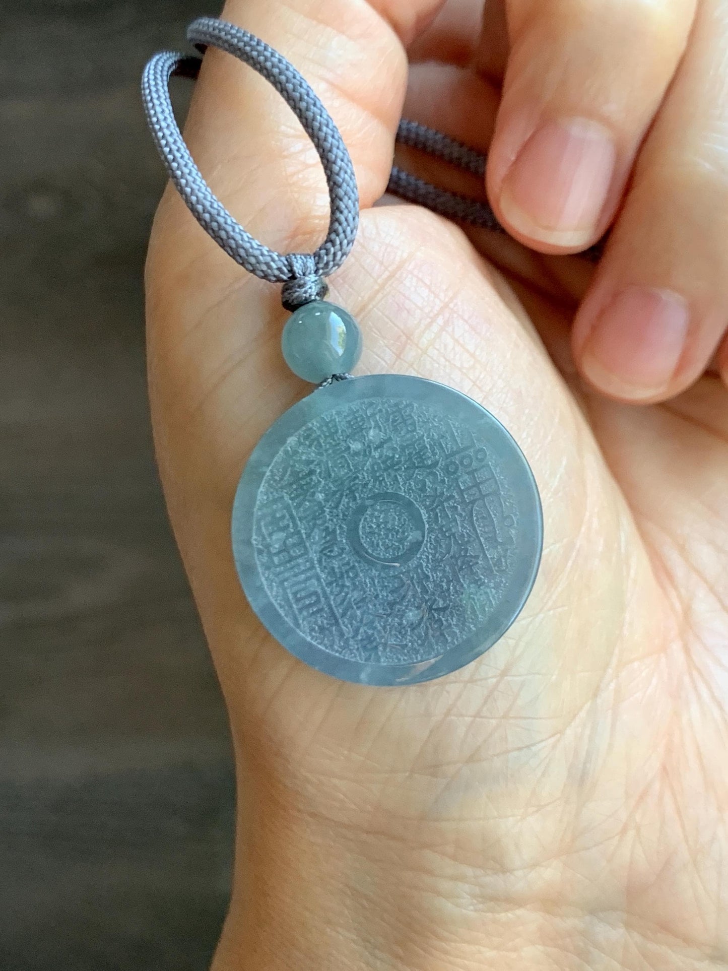 Natural Guatemalan Icy Translucent Dusty Blue Jade Jadeite Mountain Ghost Eight Trigrams Coin Pendant Rope Necklace 天然冰危浅蓝翡翠精工山鬼币吊坠 ZWSG81