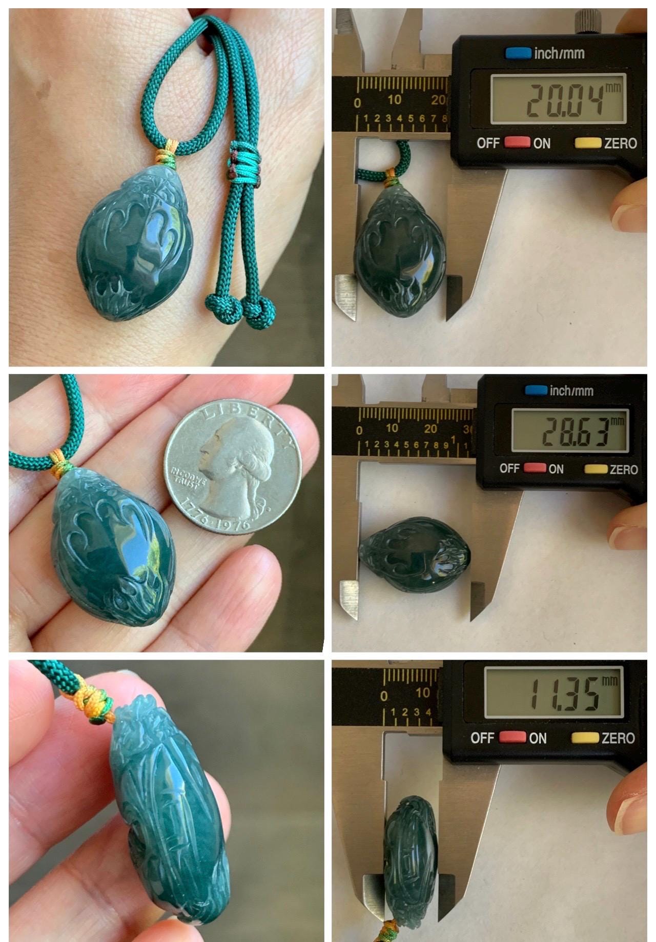 Natural Grade A Guatemalan Icy Translucent Dark Teal Blue Jade Jadeite Dragon Turtle Pendant Rope Necklace 25” 12g 天然冰危糯冰深蓝翡翠龙龟吊坠 SWLG88