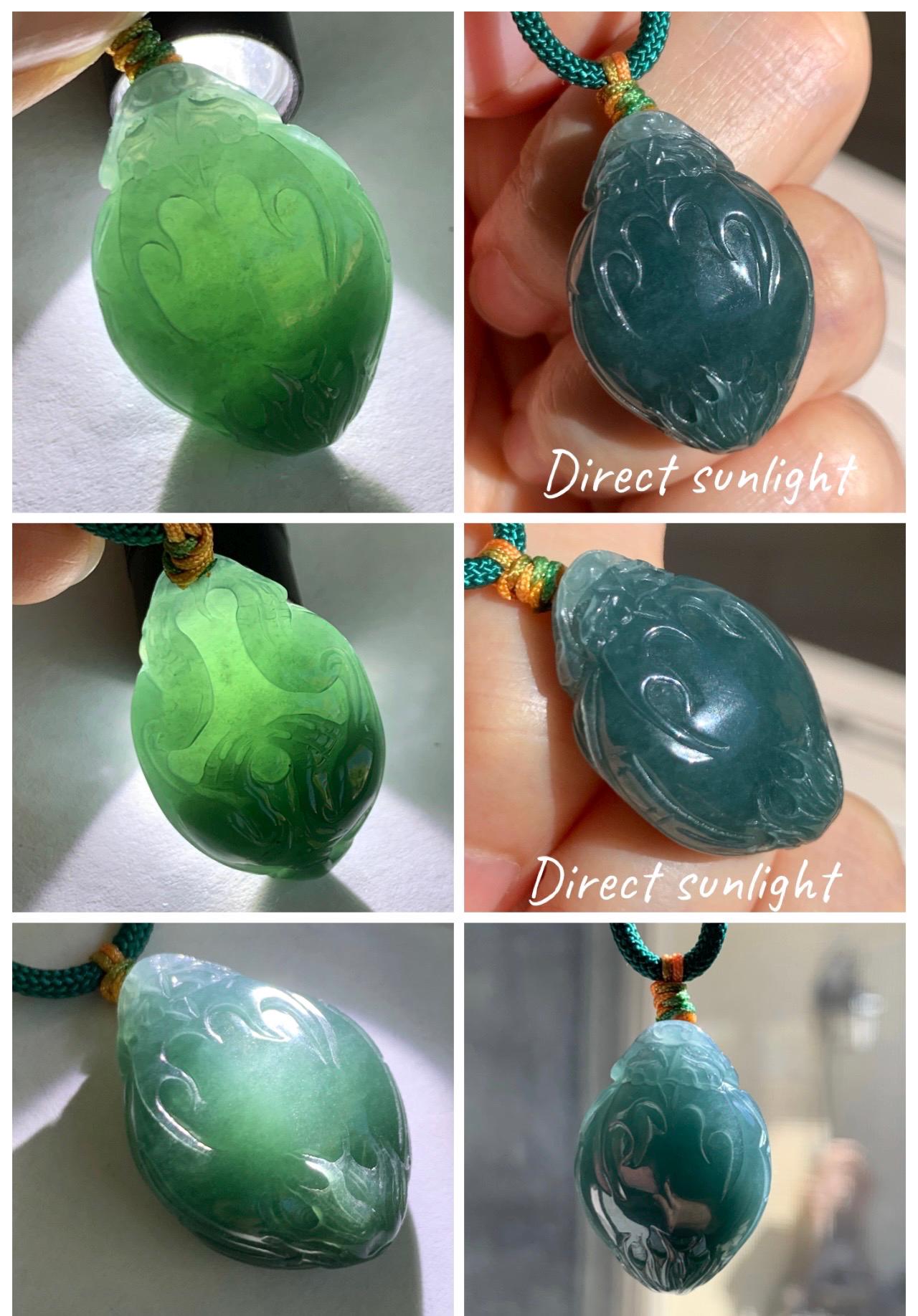 Natural Grade A Guatemalan Icy Translucent Dark Teal Blue Jade Jadeite Dragon Turtle Pendant Rope Necklace 25” 12g 天然冰危糯冰深蓝翡翠龙龟吊坠 SWLG88