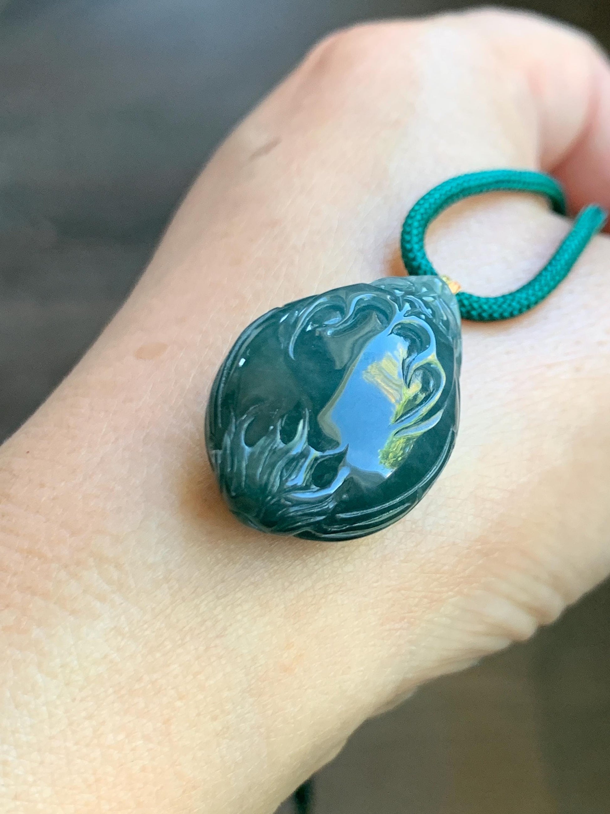 Natural Grade A Guatemalan Icy Translucent Dark Teal Blue Jade Jadeite Dragon Turtle Pendant Rope Necklace 25” 12g 天然冰危糯冰深蓝翡翠龙龟吊坠 SWLG88