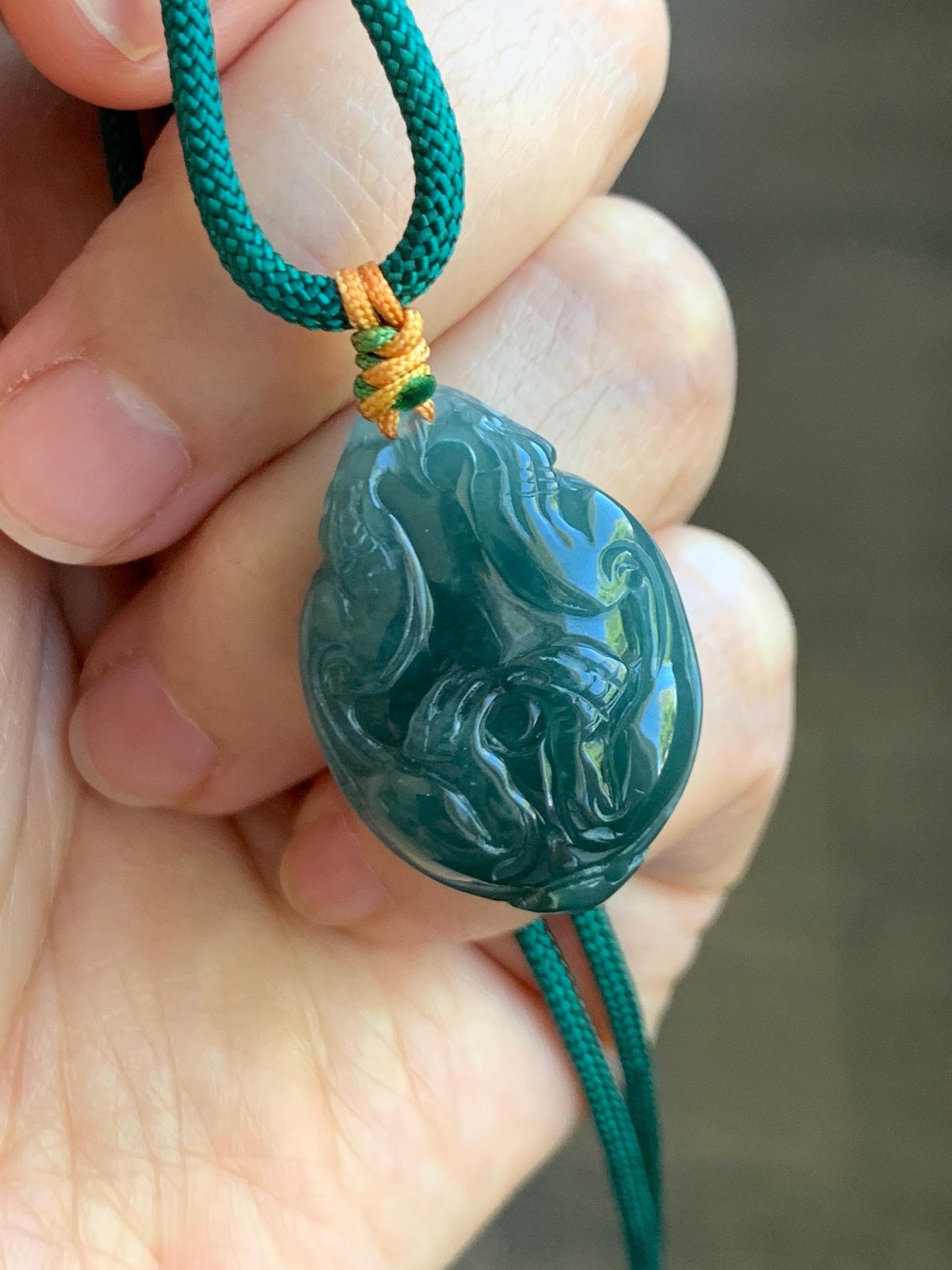 Natural Grade A Guatemalan Icy Translucent Dark Teal Blue Jade Jadeite Dragon Turtle Pendant Rope Necklace 25” 12g 天然冰危糯冰深蓝翡翠龙龟吊坠 SWLG88