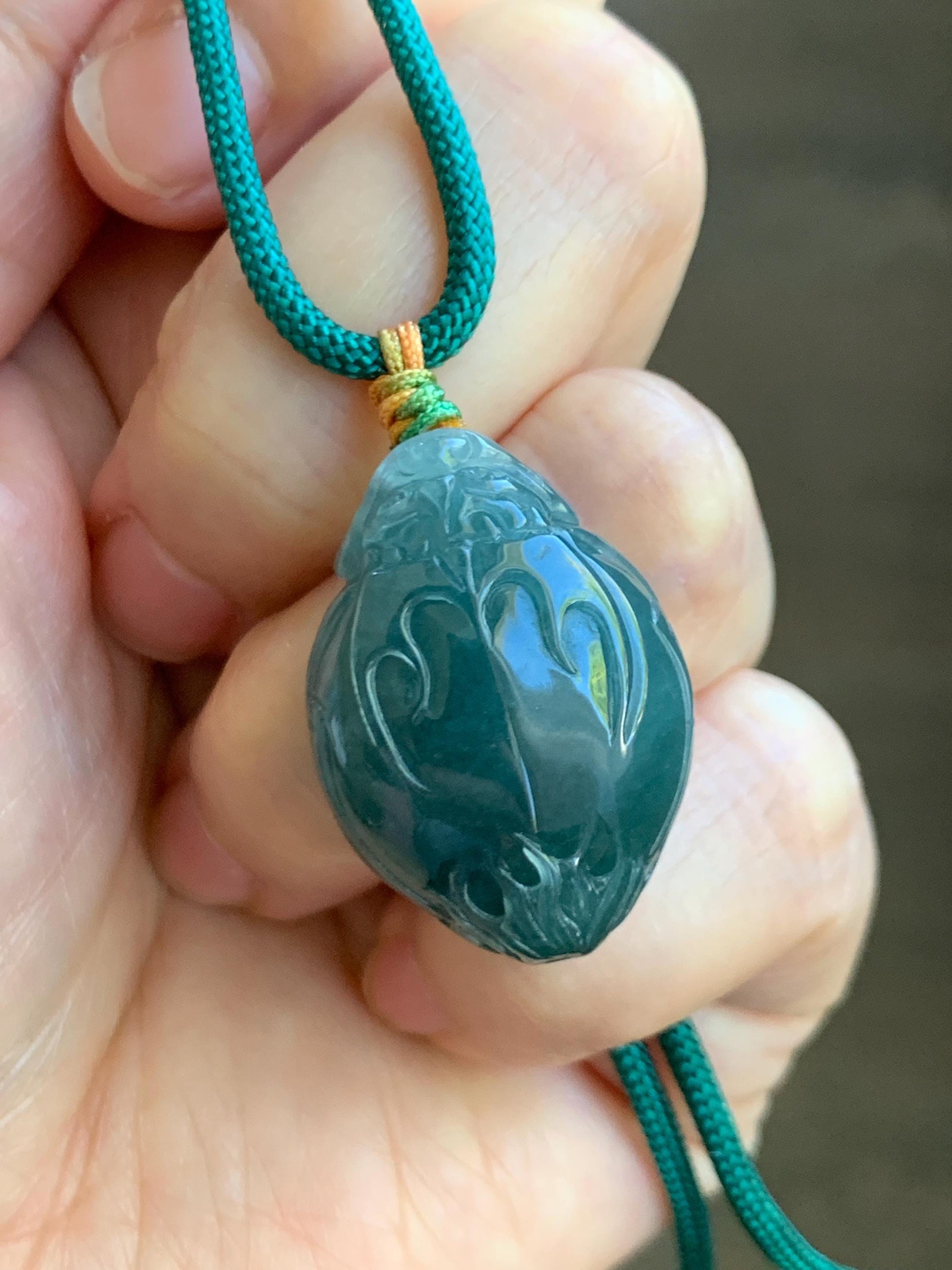 Natural Grade A Guatemalan Icy Translucent Dark Teal Blue Jade Jadeite Dragon Turtle Pendant Rope Necklace 25” 12g 天然冰危糯冰深蓝翡翠龙龟吊坠 SWLG88