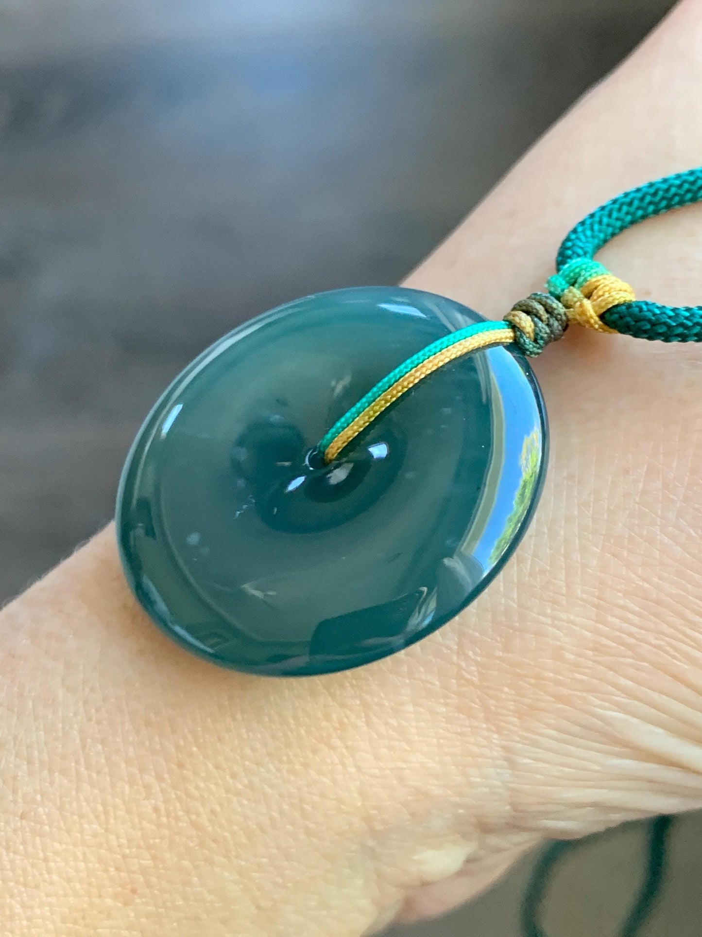 Natural Grade A Guatemalan Icy Translucent Dark Teal Blue Jade Jadeite Ping An Kou Donut Pendant Rope Necklace 25" 天然冰危老种深蓝翡翠平安扣吊坠项链 SLWK150