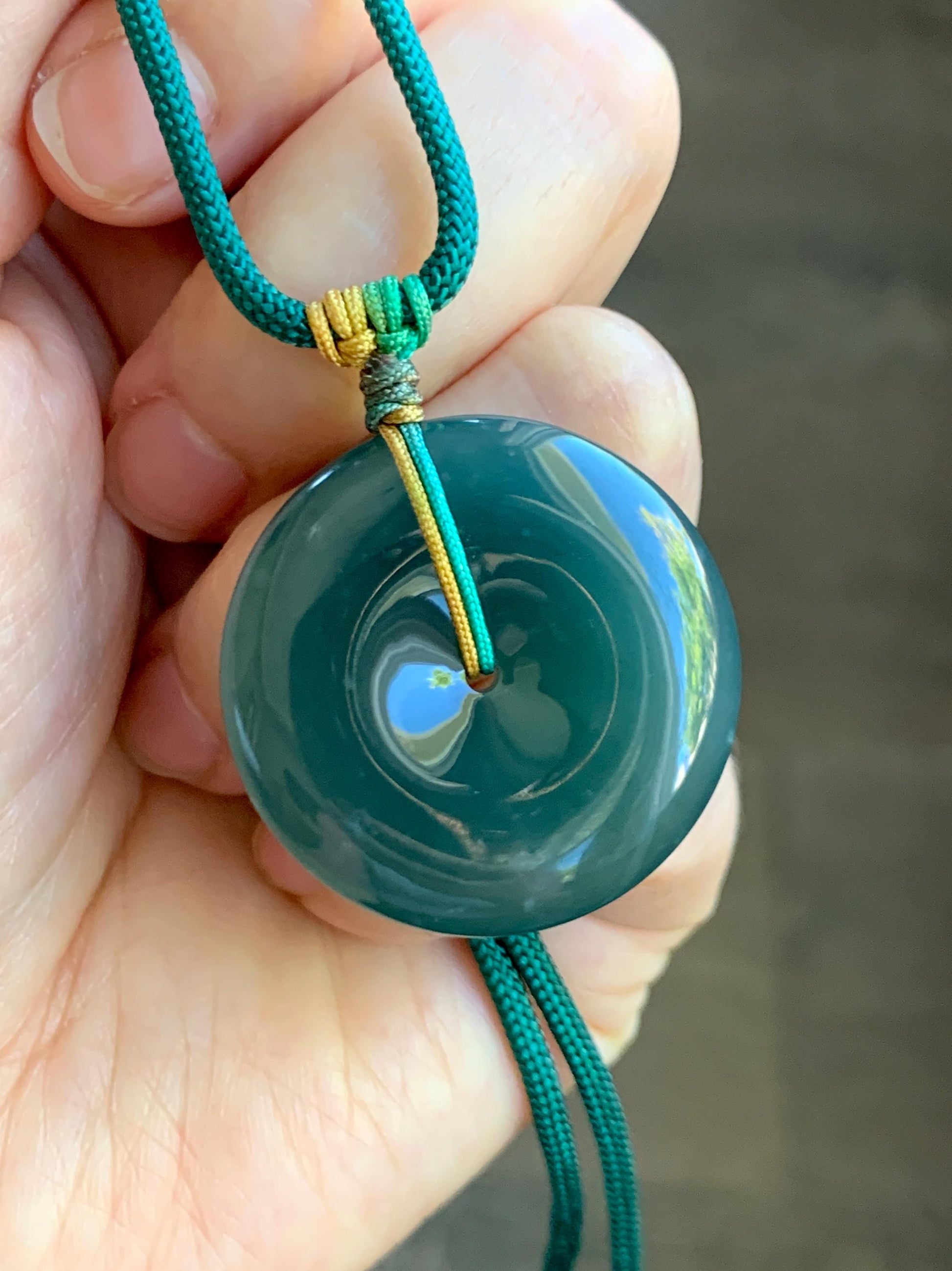 Natural Grade A Guatemalan Icy Translucent Dark Teal Blue Jade Jadeite Ping An Kou Donut Pendant Rope Necklace 25" 天然冰危老种深蓝翡翠平安扣吊坠项链 SLWK150