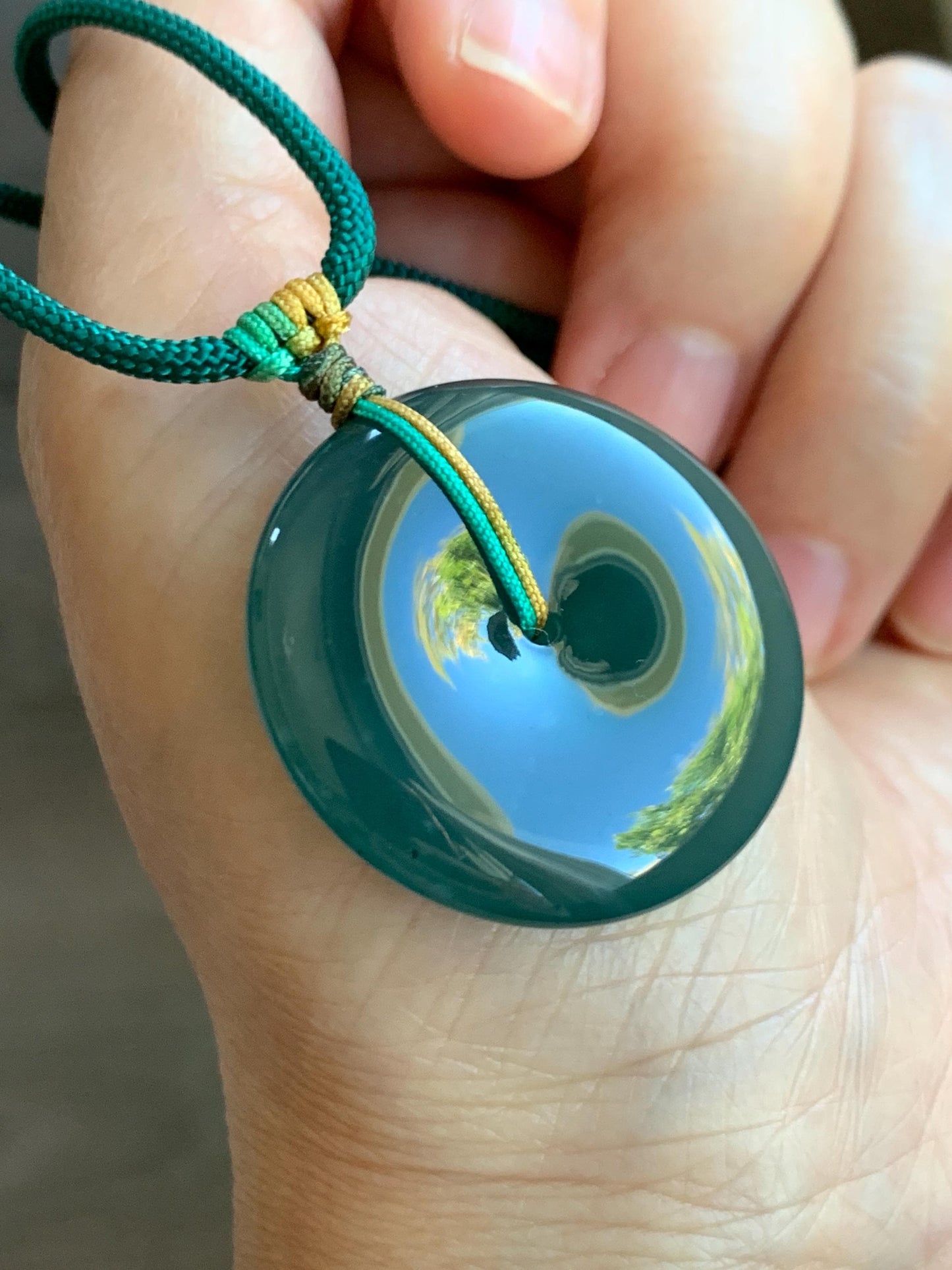 Natural Grade A Guatemalan Icy Translucent Dark Teal Blue Jade Jadeite Ping An Kou Donut Pendant Rope Necklace 25" 天然冰危老种深蓝翡翠平安扣吊坠项链 SLWK150
