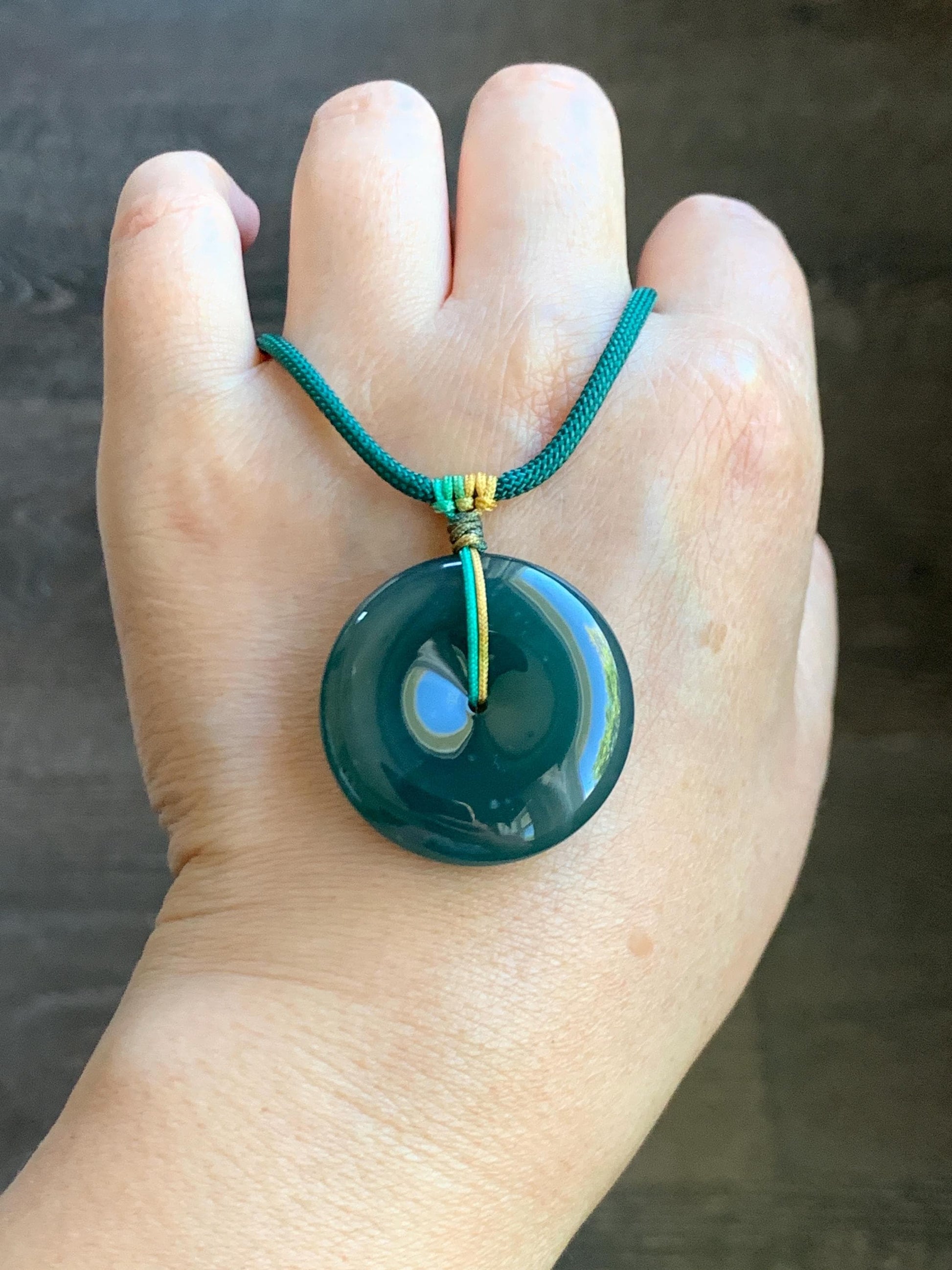 Natural Grade A Guatemalan Icy Translucent Dark Teal Blue Jade Jadeite Ping An Kou Donut Pendant Rope Necklace 25" 天然冰危老种深蓝翡翠平安扣吊坠项链 SLWK150