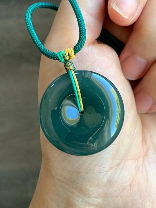 Natural Grade A Guatemalan Icy Translucent Dark Teal Blue Jade Jadeite Ping An Kou Donut Pendant Rope Necklace 25" 天然冰危老种深蓝翡翠平安扣吊坠项链 SLWK150