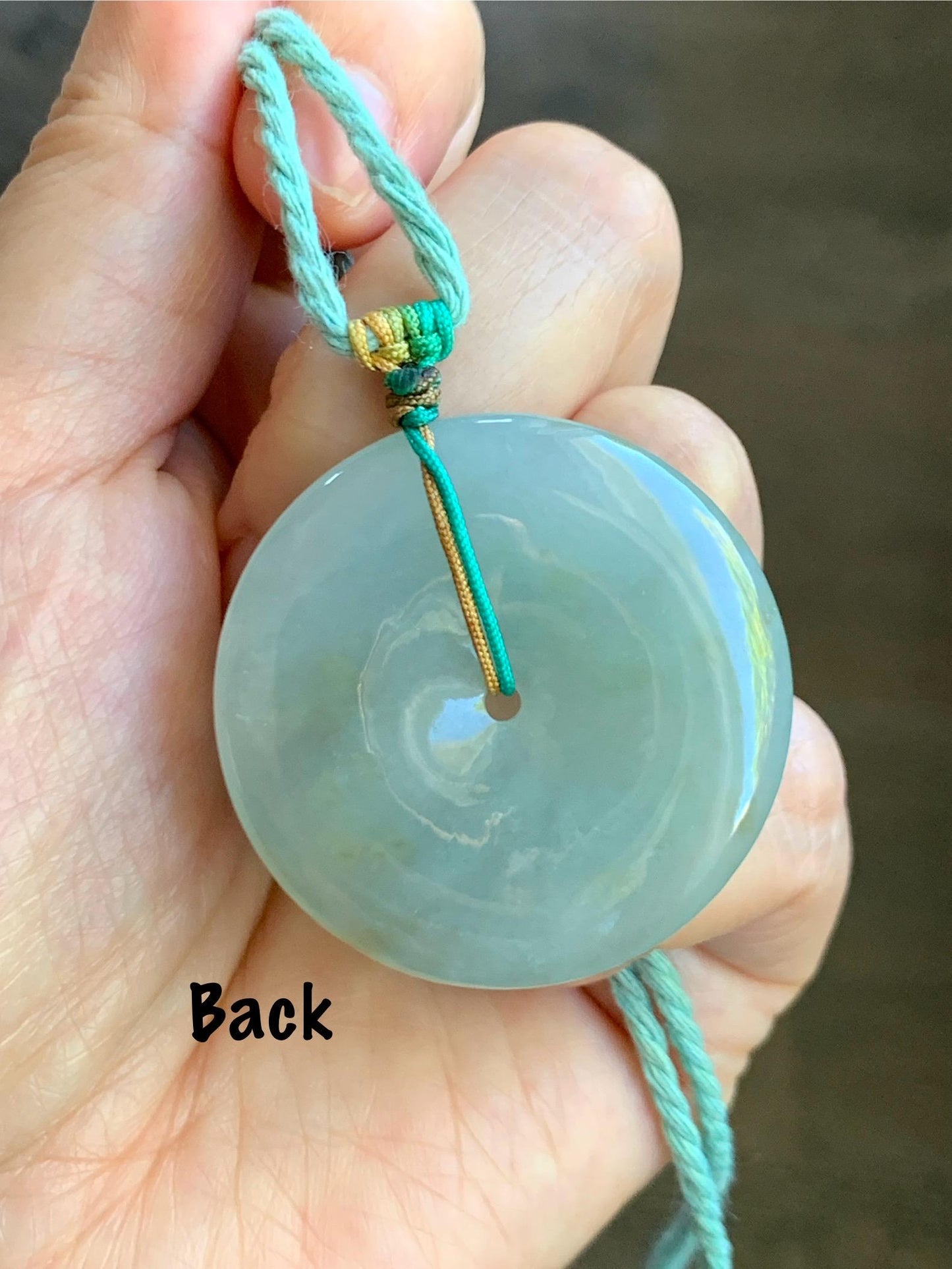 Natural Grade A Icy Translucent Pastel Dusty Green Jade Jadeite Large Ping An Kou Donut Pendant Rope Necklace 26” 天然冰晴底撒金翡翠平安扣吊坠项链 MAL183