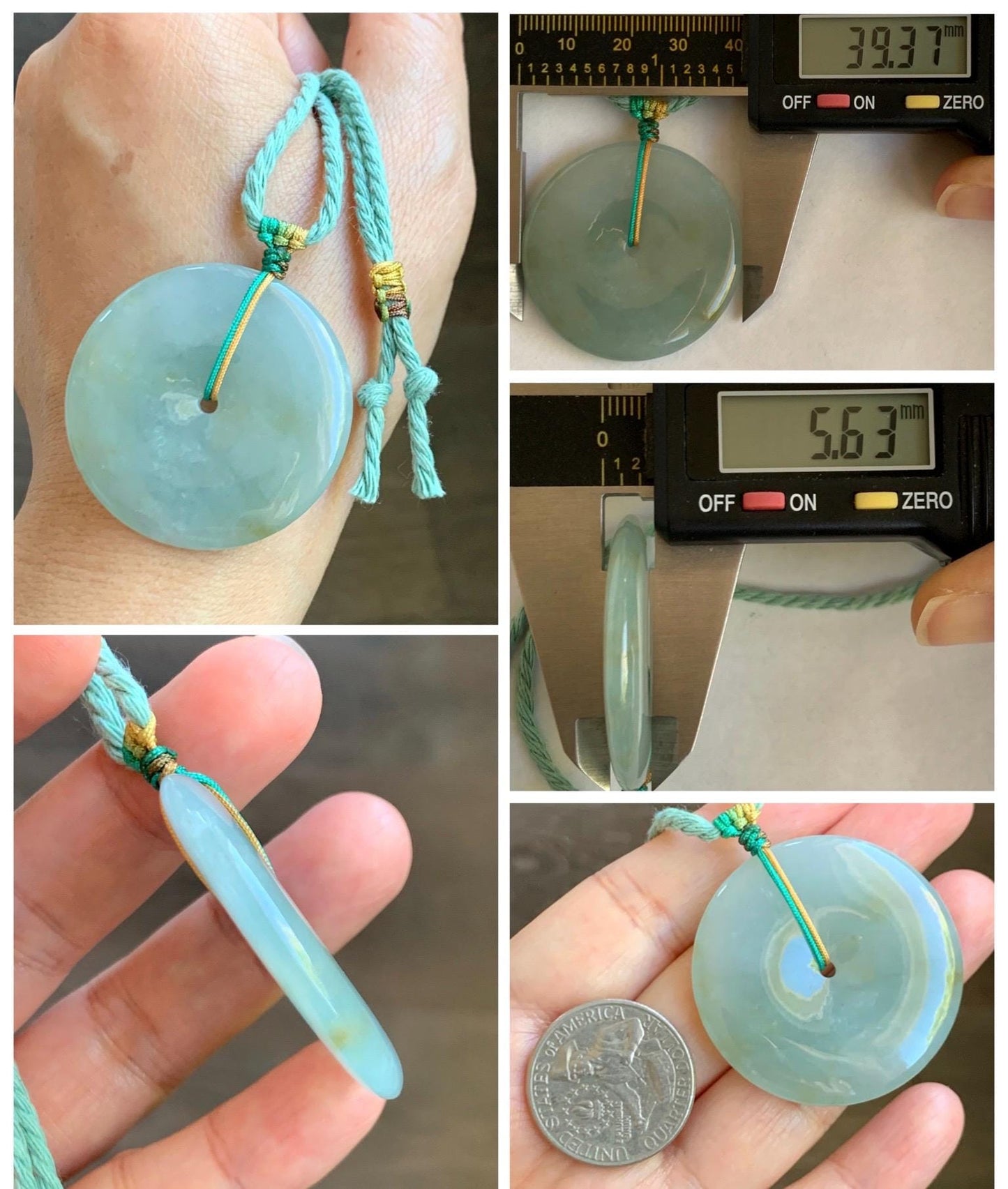 Natural Grade A Icy Translucent Pastel Dusty Green Jade Jadeite Large Ping An Kou Donut Pendant Rope Necklace 26” 天然冰晴底撒金翡翠平安扣吊坠项链 MAL183