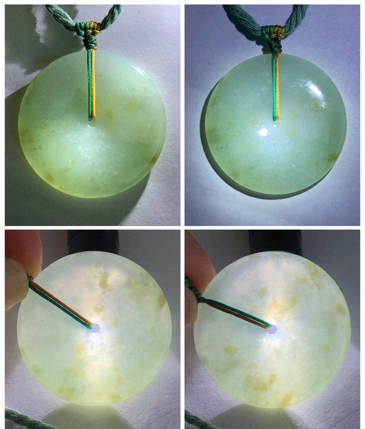 Natural Grade A Icy Translucent Pastel Dusty Green Jade Jadeite Large Ping An Kou Donut Pendant Rope Necklace 26” 天然冰晴底撒金翡翠平安扣吊坠项链 MAL183