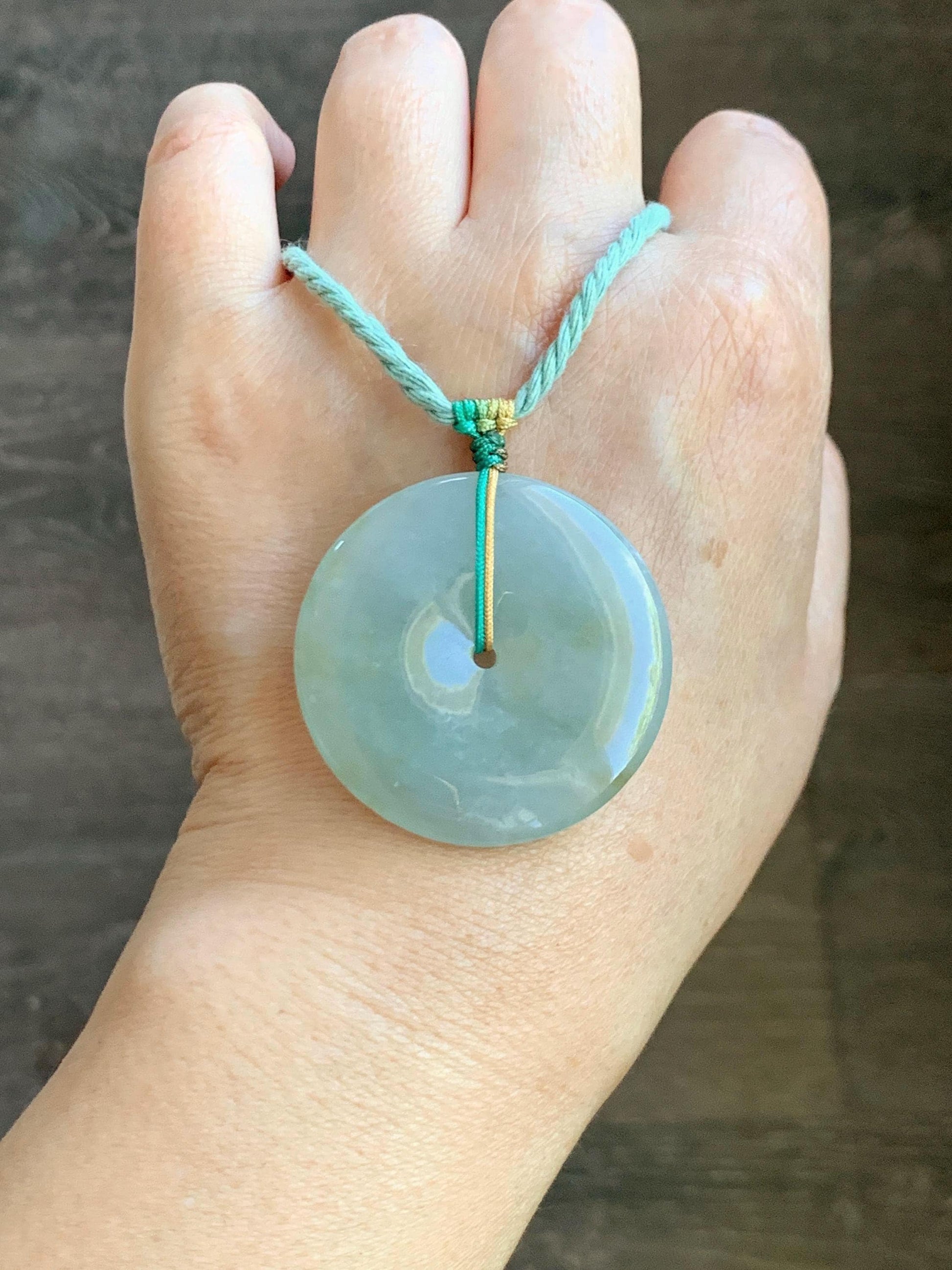 Natural Grade A Icy Translucent Pastel Dusty Green Jade Jadeite Large Ping An Kou Donut Pendant Rope Necklace 26” 天然冰晴底撒金翡翠平安扣吊坠项链 MAL183