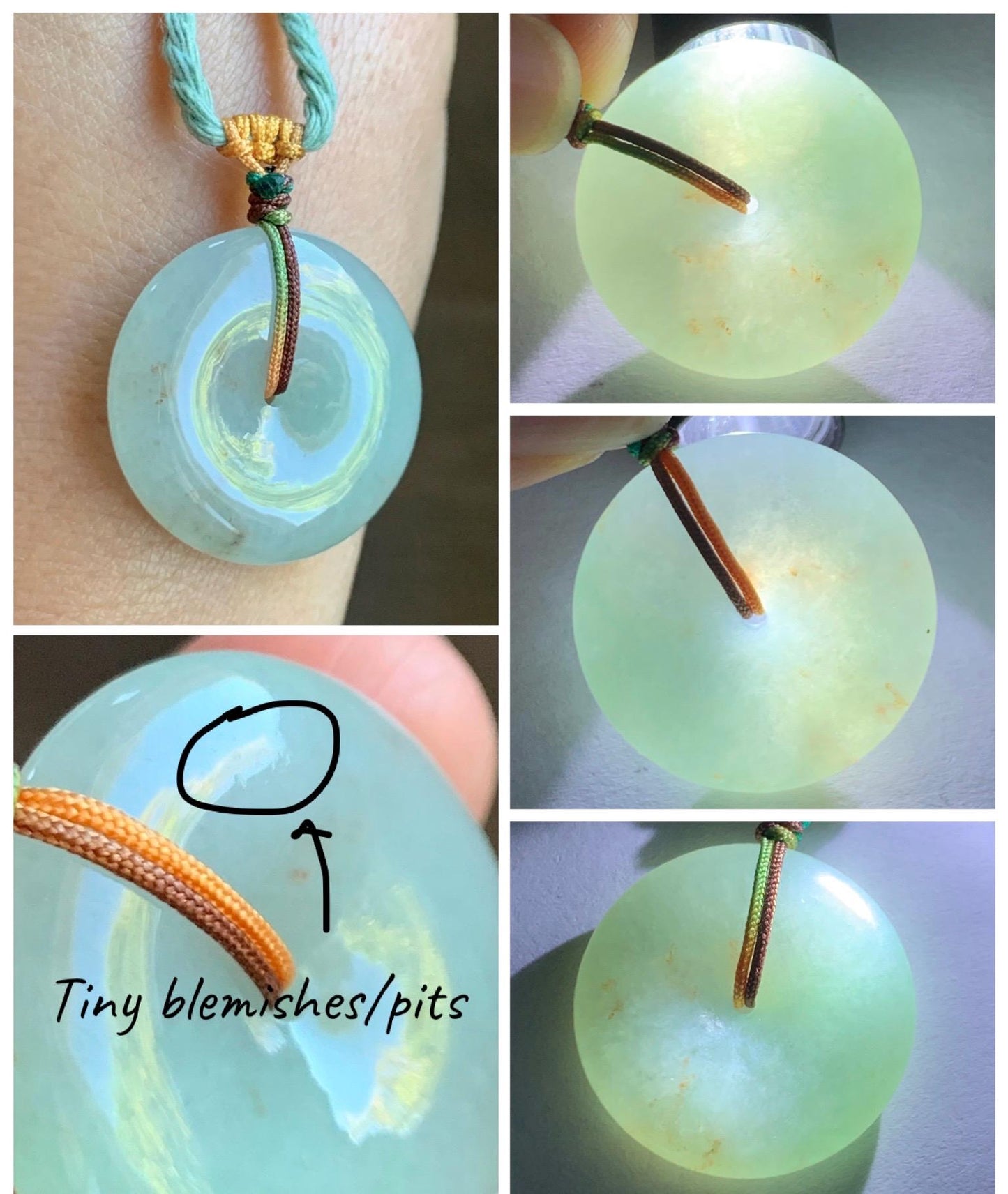 Natural Grade A Icy Translucent Pastel Green Golden Marbled Jade Jadeite Ping An Kou Donut Pendant Rope Necklace 26" 天然冰晴底撒金翡翠平安扣吊坠项链MQSJ110