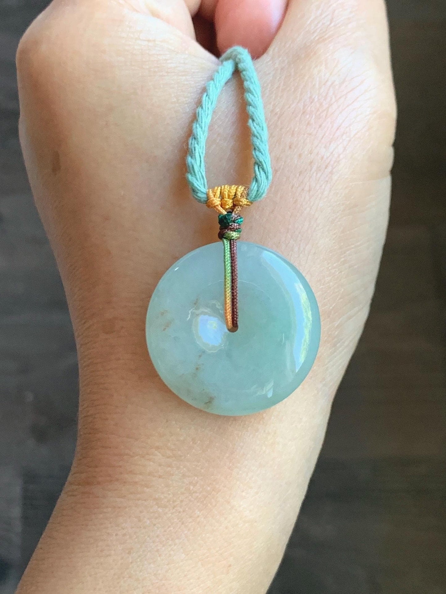 Natural Grade A Icy Translucent Pastel Green Golden Marbled Jade Jadeite Ping An Kou Donut Pendant Rope Necklace 26" 天然冰晴底撒金翡翠平安扣吊坠项链MQSJ110