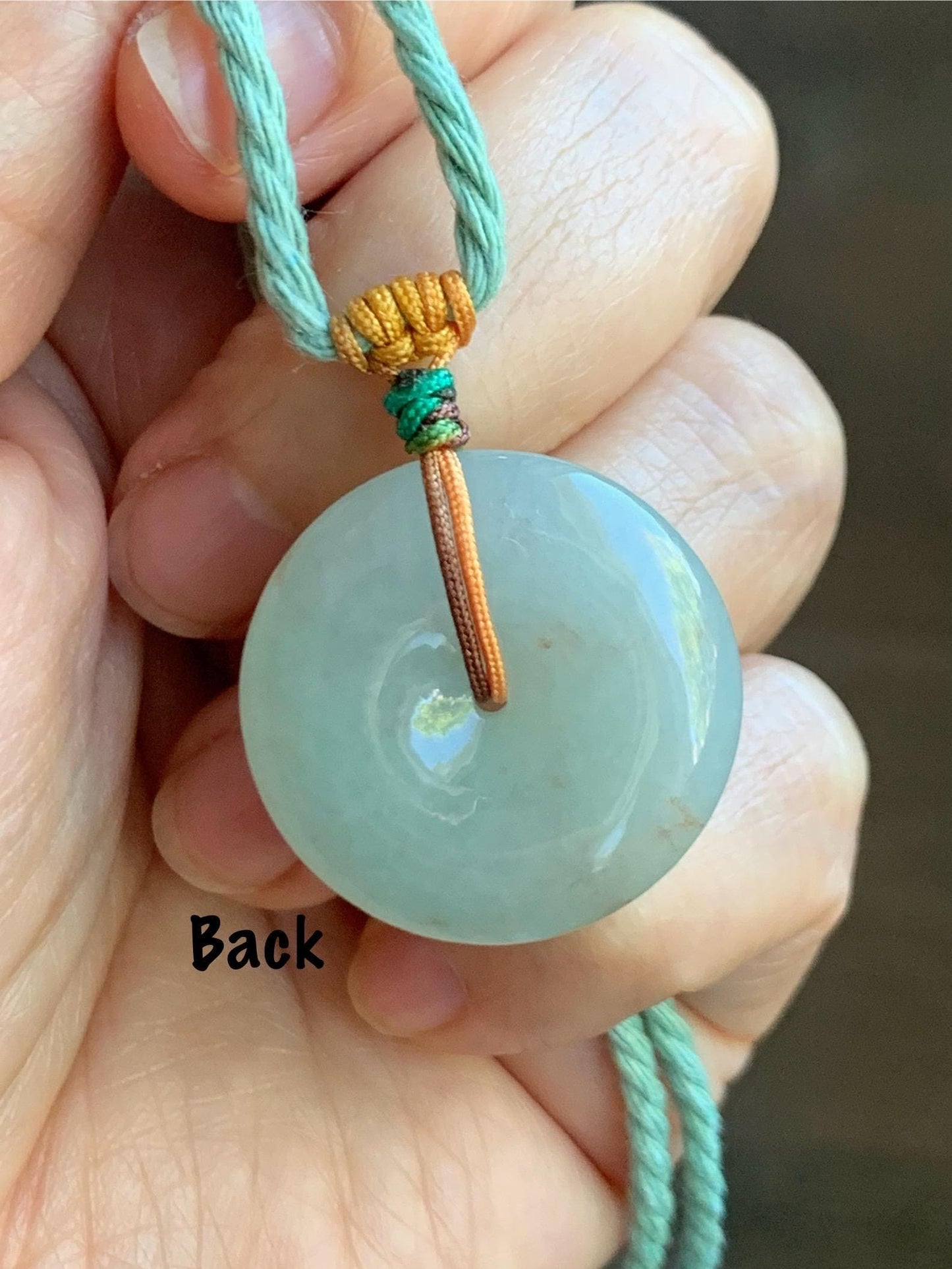 Natural Grade A Icy Translucent Pastel Green Golden Marbled Jade Jadeite Ping An Kou Donut Pendant Rope Necklace 26" 天然冰晴底撒金翡翠平安扣吊坠项链MQSJ110