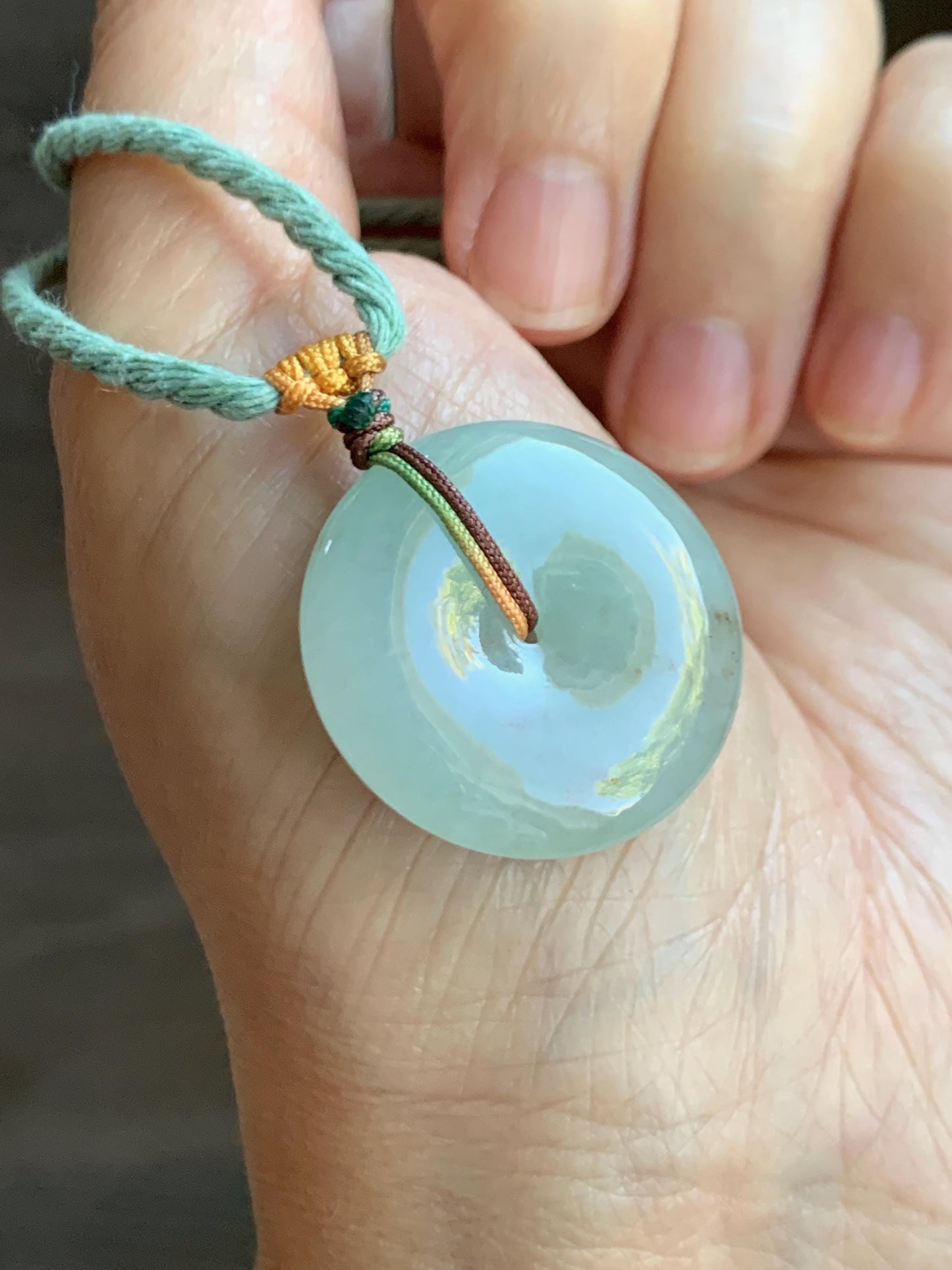Natural Grade A Icy Translucent Pastel Green Golden Marbled Jade Jadeite Ping An Kou Donut Pendant Rope Necklace 26" 天然冰晴底撒金翡翠平安扣吊坠项链MQSJ110