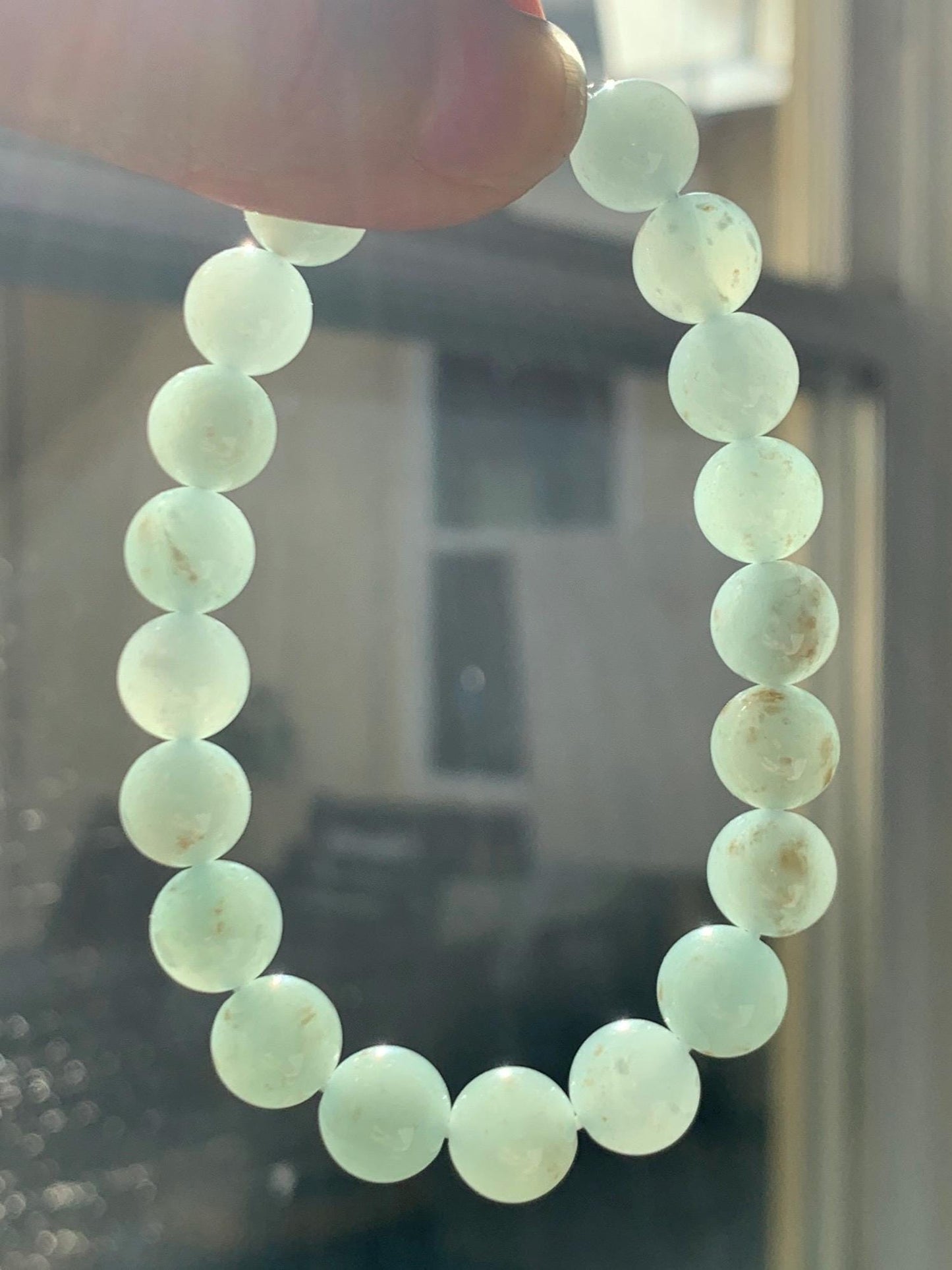 Natural Grade A Icy Translucent Gelatinous Light Dusty Green Rust Marbled Jade Jadeite Beaded Bracelet 7.25” 9.4mm 29g 天然冰胶晴底撒金翡翠圆珠手串 MSJ188