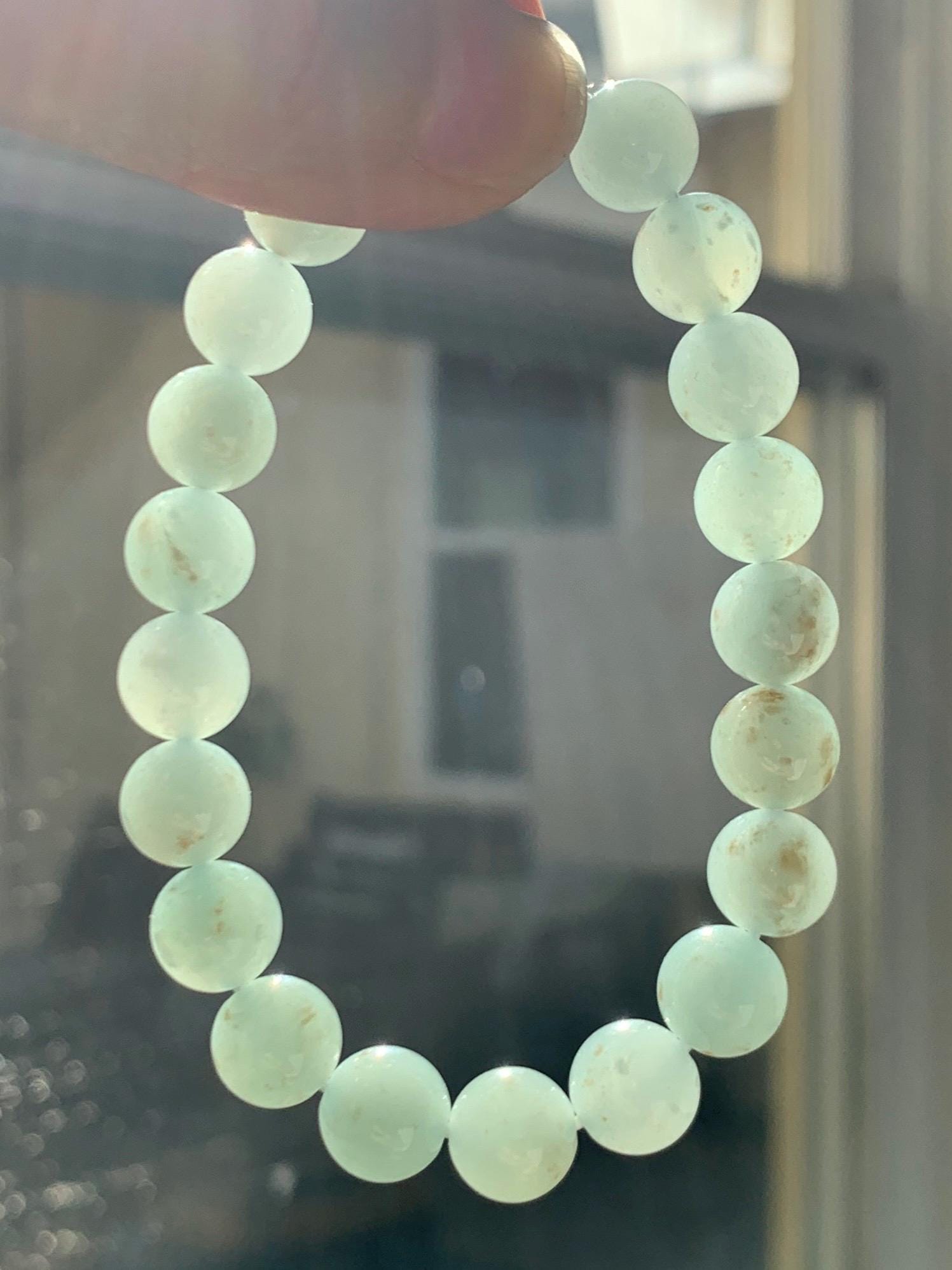 Natural Grade A Icy Translucent Gelatinous Light Dusty Green Rust Marbled Jade Jadeite Beaded Bracelet 7.25” 9.4mm 29g 天然冰胶晴底撒金翡翠圆珠手串 MSJ188
