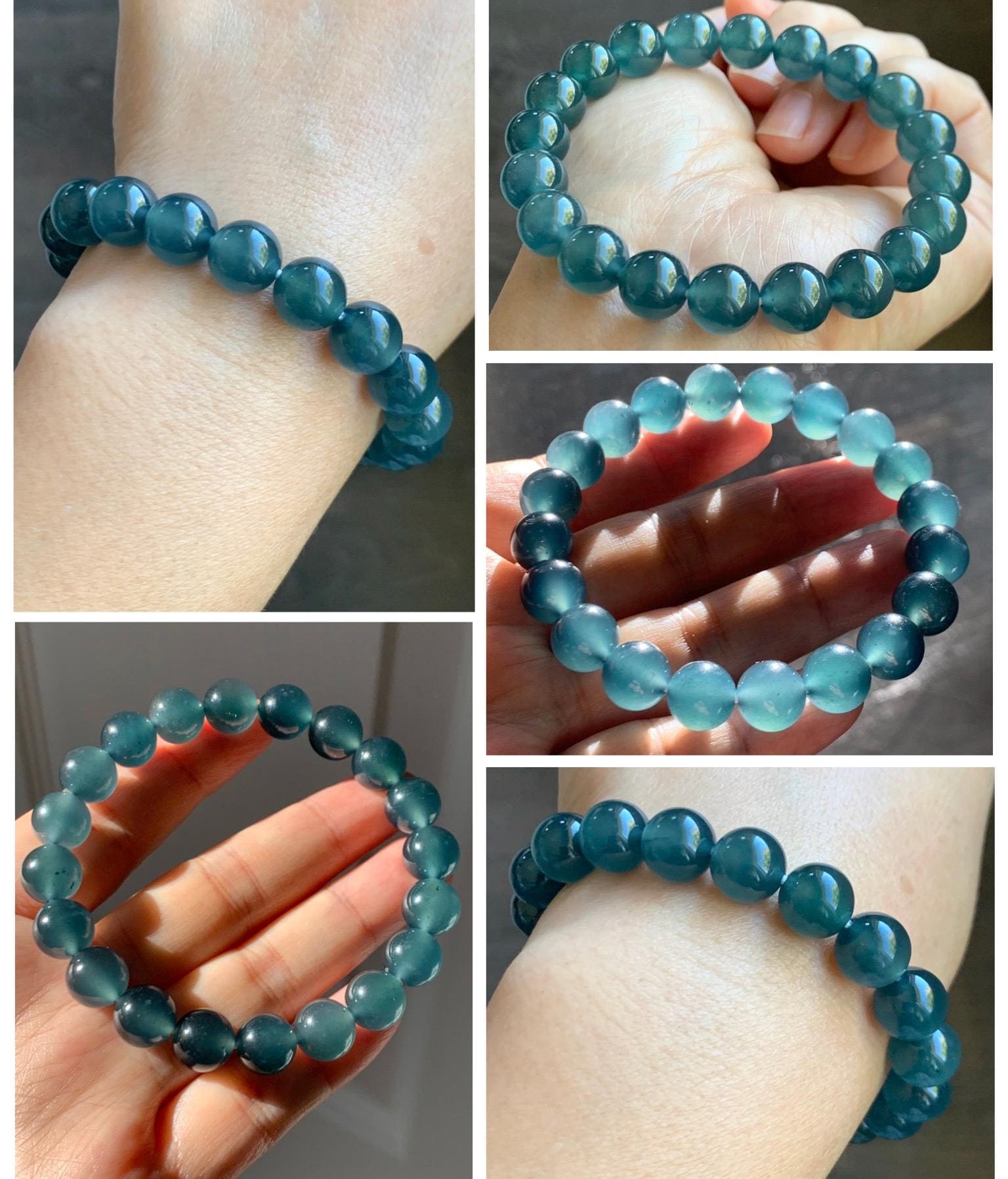 Certified Natural Grade A Guatemalan Icy Highly Translucent Gelatinous Dark Teal Jade Jadeite Beaded Bracelet 10mm 7.4” 天然冰危深蓝绿翡翠圆珠手串 767