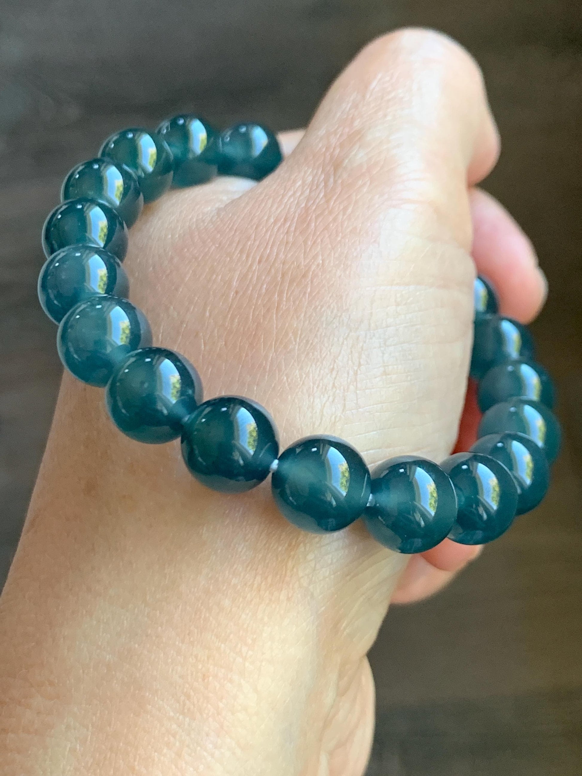 Certified Natural Grade A Guatemalan Icy Highly Translucent Gelatinous Dark Teal Jade Jadeite Beaded Bracelet 10mm 7.4” 天然冰危深蓝绿翡翠圆珠手串 767