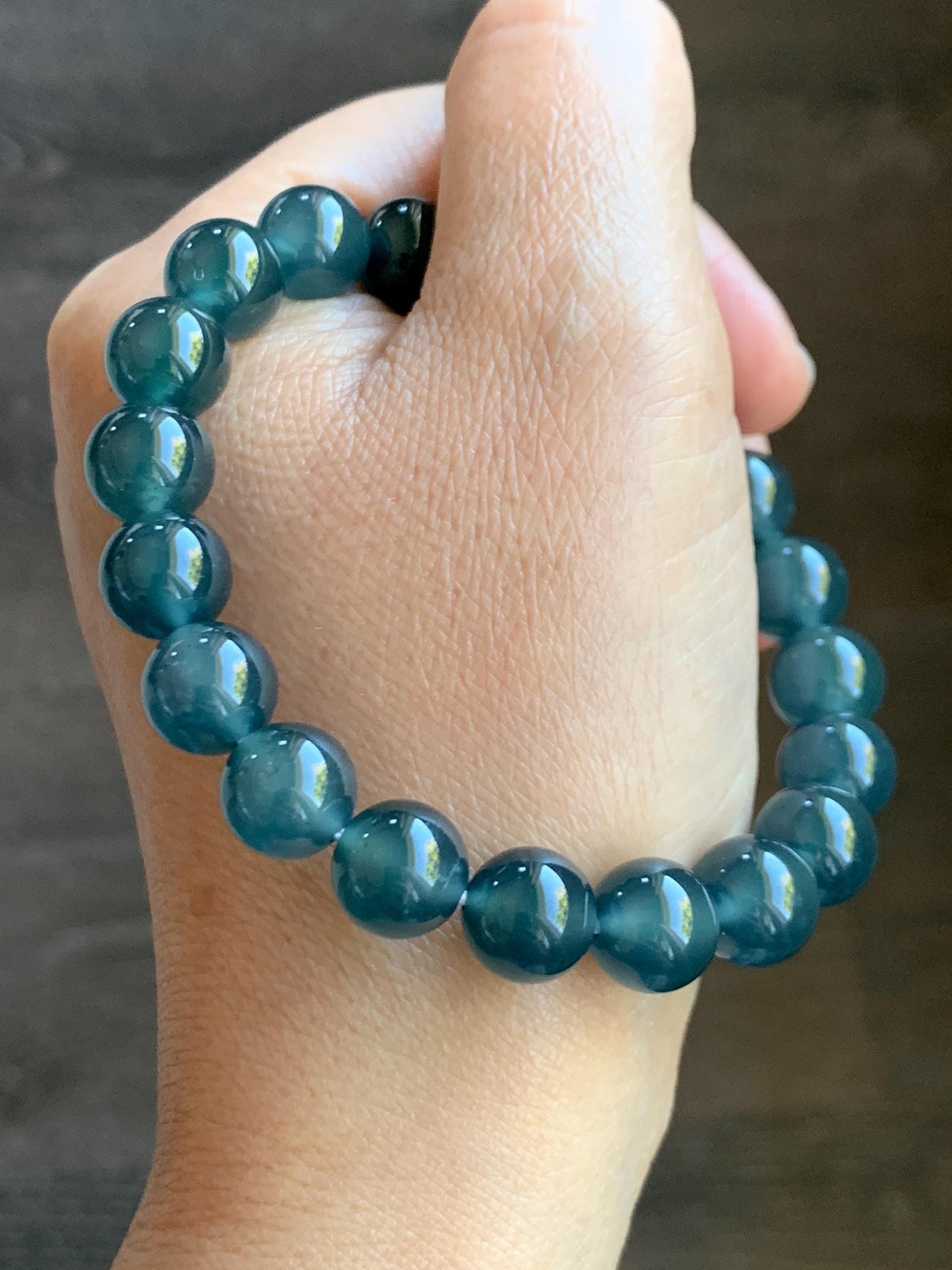 Certified Natural Grade A Guatemalan Icy Highly Translucent Gelatinous Dark Teal Jade Jadeite Beaded Bracelet 10mm 7.4” 天然冰危深蓝绿翡翠圆珠手串 767