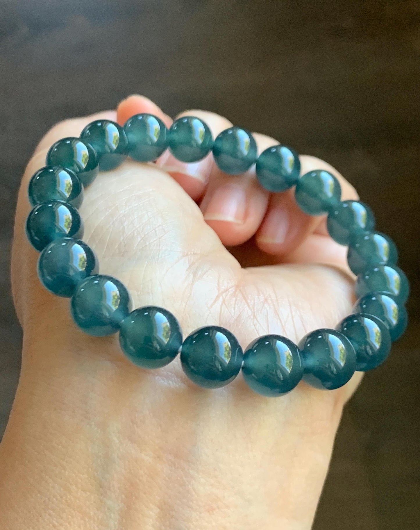 Certified Natural Grade A Guatemalan Icy Highly Translucent Gelatinous Dark Teal Jade Jadeite Beaded Bracelet 10mm 7.4” 天然冰危深蓝绿翡翠圆珠手串 767