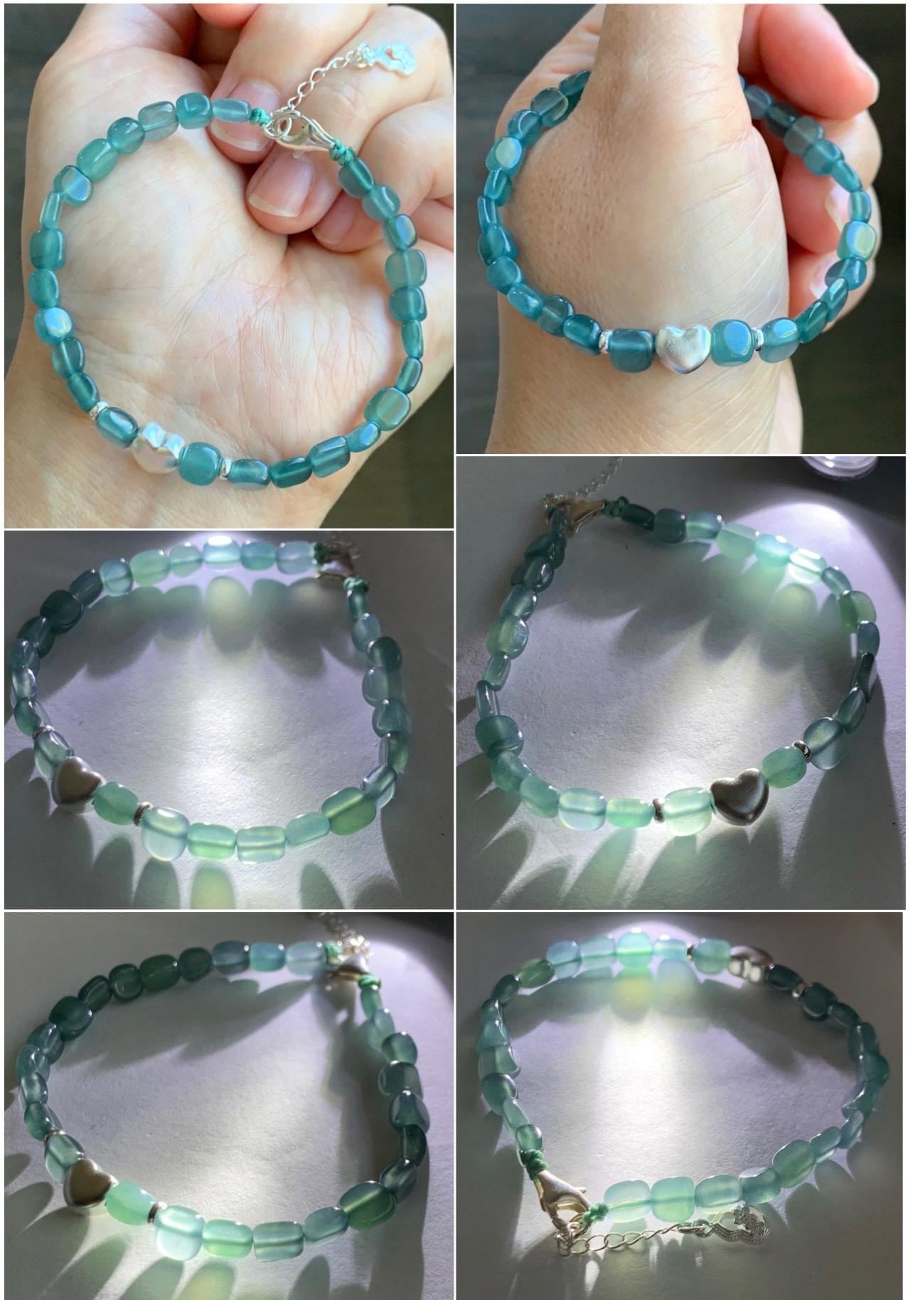 Natural Grade A Guatemalan Icy Highly Translucent Teal Blue Jade Jadeite Nugget Beads Beaded Bracelet Sterling Silver 7” 天然冰透危蓝翡翠随形珠手串XSX184