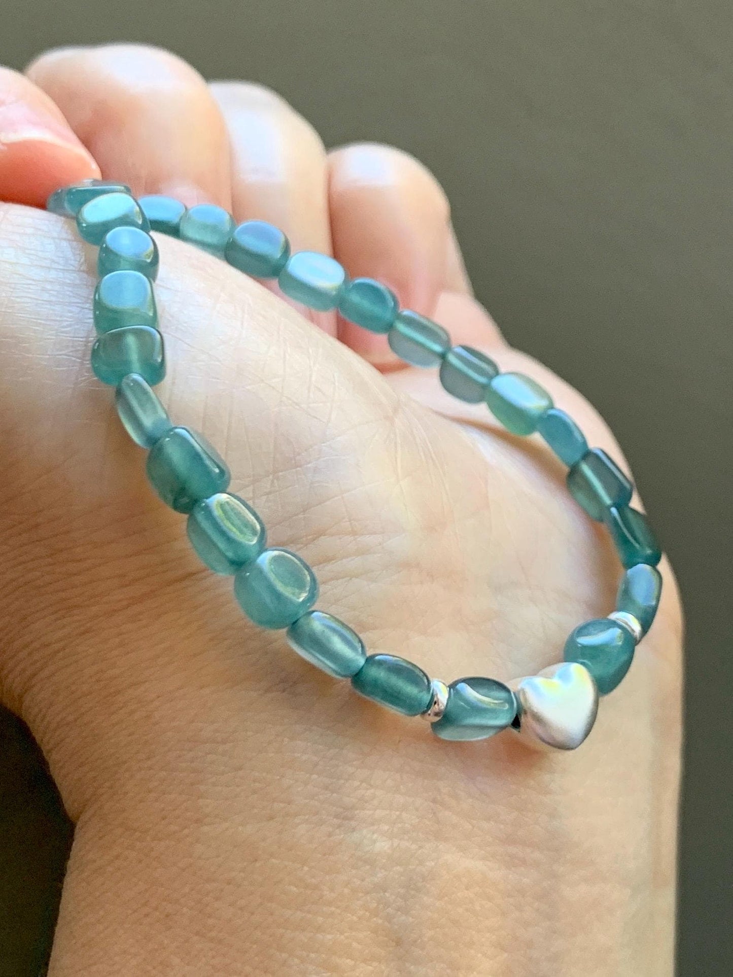 Natural Grade A Guatemalan Icy Highly Translucent Teal Blue Jade Jadeite Nugget Beads Beaded Bracelet Sterling Silver 7” 天然冰透危蓝翡翠随形珠手串XSX184