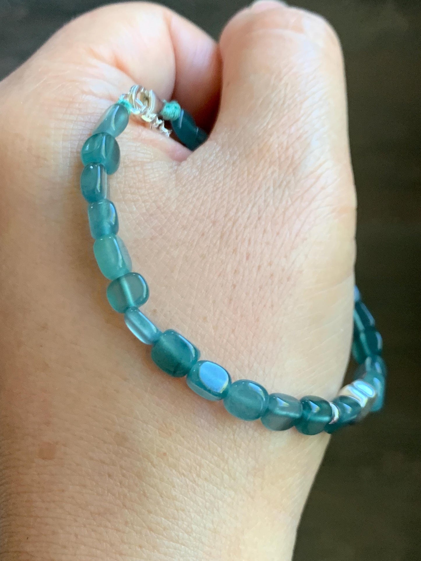 Natural Grade A Guatemalan Icy Highly Translucent Teal Blue Jade Jadeite Nugget Beads Beaded Bracelet Sterling Silver 7” 天然冰透危蓝翡翠随形珠手串XSX184