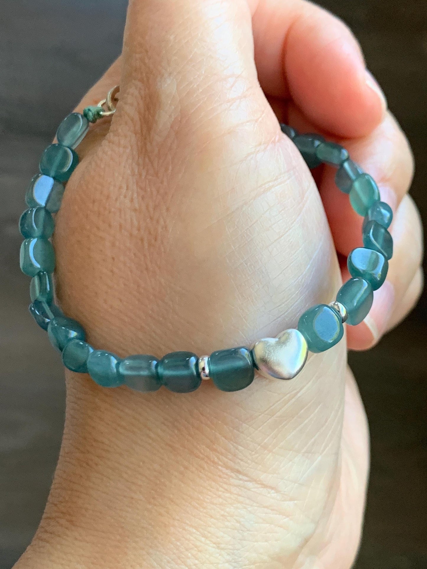 Natural Grade A Guatemalan Icy Highly Translucent Teal Blue Jade Jadeite Nugget Beads Beaded Bracelet Sterling Silver 7” 天然冰透危蓝翡翠随形珠手串XSX184