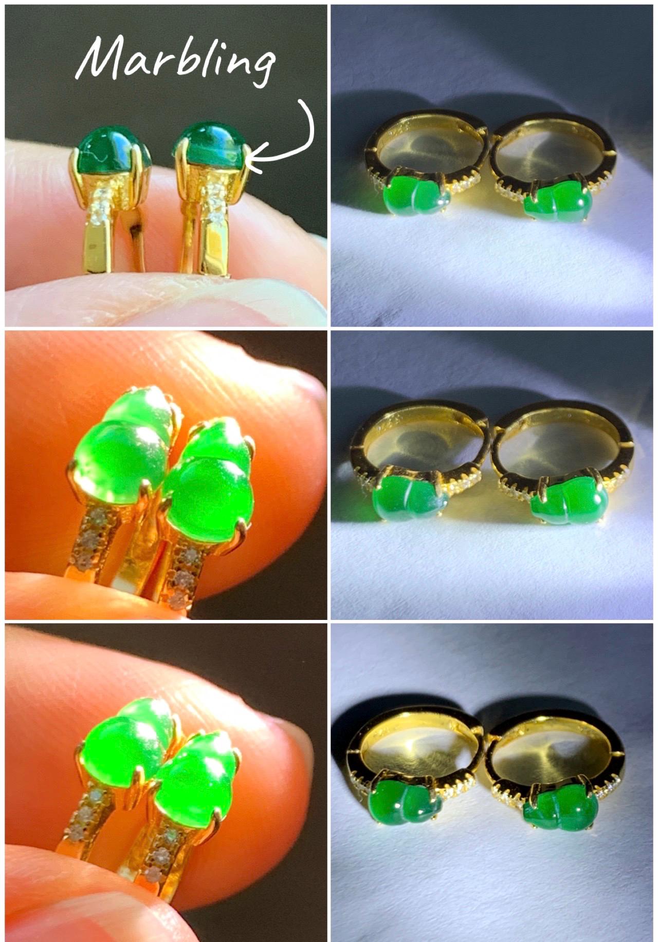 Natural Grade A Guatemalan Icy Translucent Vibrant Green Gourd Jade Jadeite Hoop Earrings Sterling Silver Yellow Gold 天然冰危绿翡翠葫芦银镶耳包 XHL68B