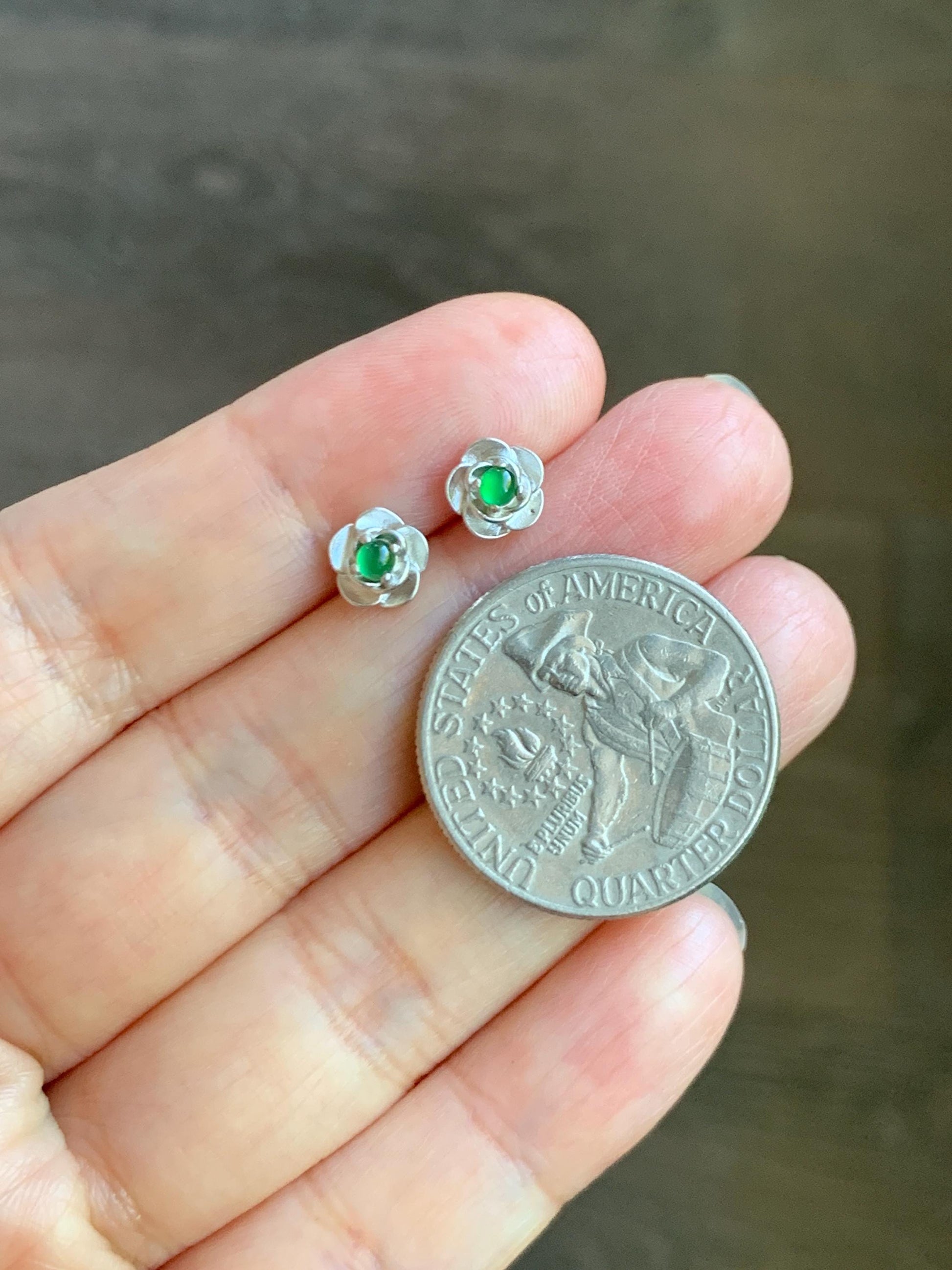 Petite Natural Grade A Guatemalan Icy Highly Translucent Vibrant Green Jadeite Flower Stud Earrings Sterling Silver 天然冰危绿翡翠花银耳钉 XJH55Y