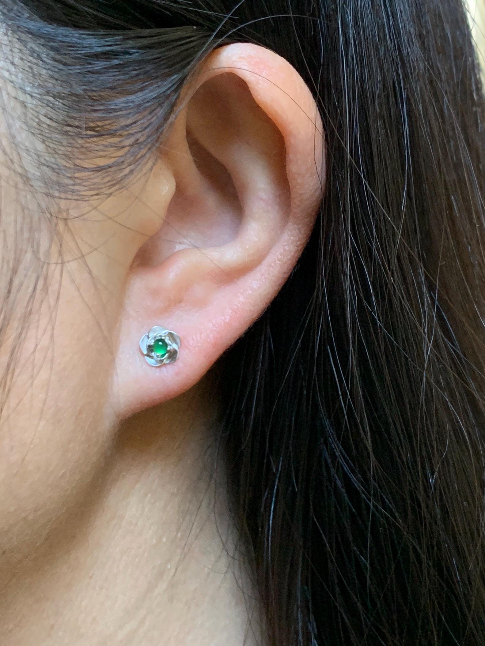 Petite Natural Grade A Guatemalan Icy Highly Translucent Vibrant Green Jadeite Flower Stud Earrings Sterling Silver 天然冰危绿翡翠花银耳钉 XJH55Y