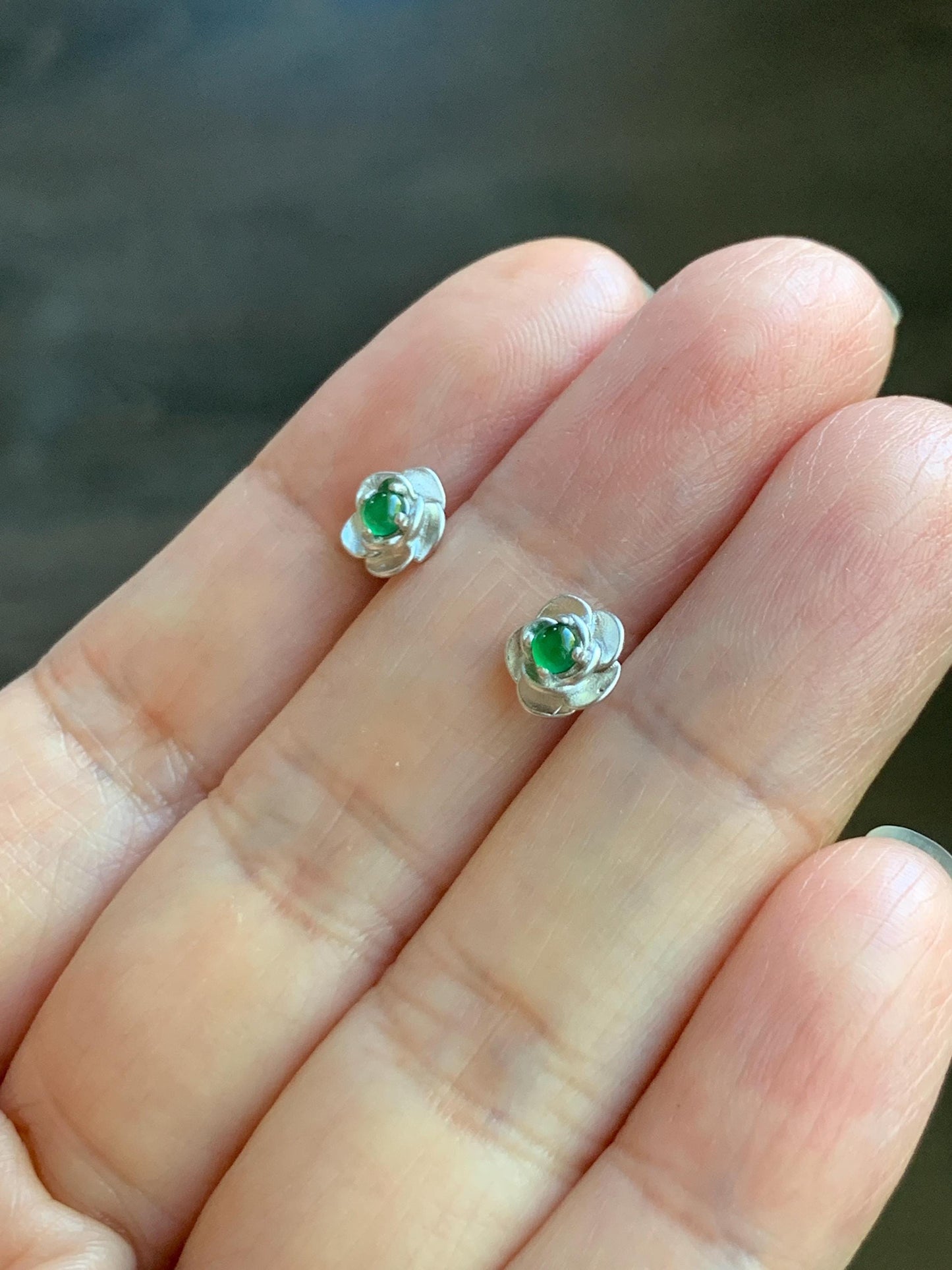 Petite Natural Grade A Guatemalan Icy Highly Translucent Vibrant Green Jadeite Flower Stud Earrings Sterling Silver 天然冰危绿翡翠花银耳钉 XJH55Y
