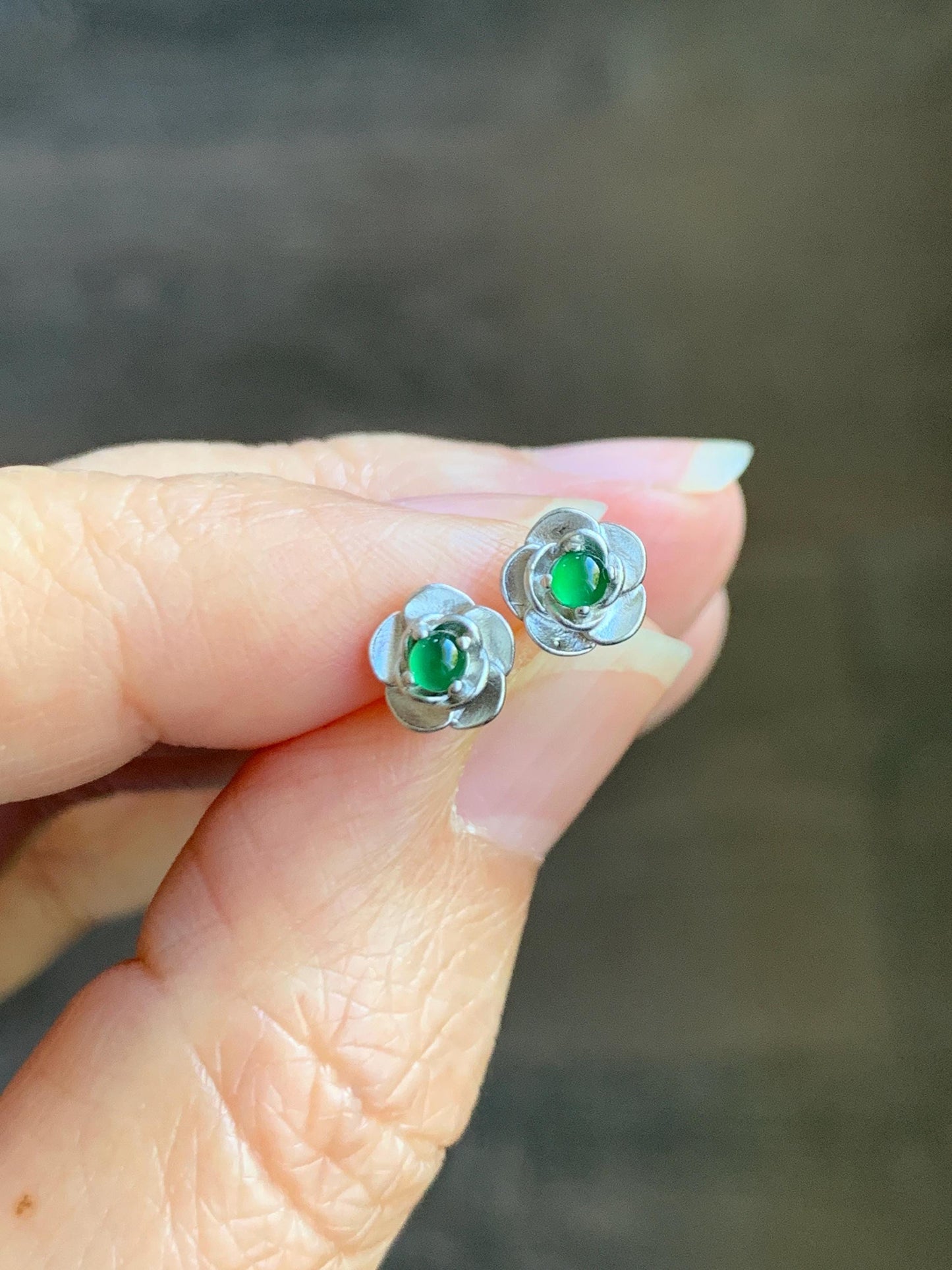 Petite Natural Grade A Guatemalan Icy Highly Translucent Vibrant Green Jadeite Flower Stud Earrings Sterling Silver 天然冰危绿翡翠花银耳钉 XJH55Y
