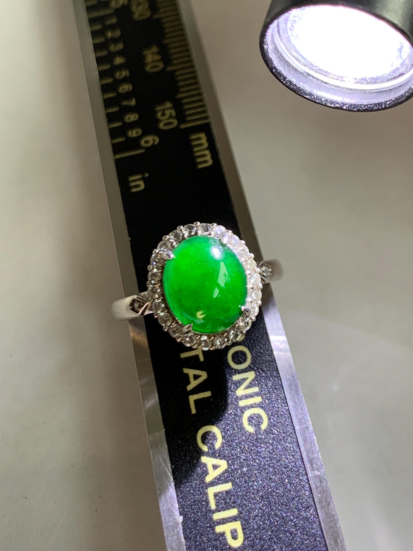 Natural Grade A Guatemalan Icy Translucent Vibrant Green Jade Jadeite Halo Style Ring Sterling Silver Size Adjustable 天然冰危绿翡翠银镶戒指 WLH132