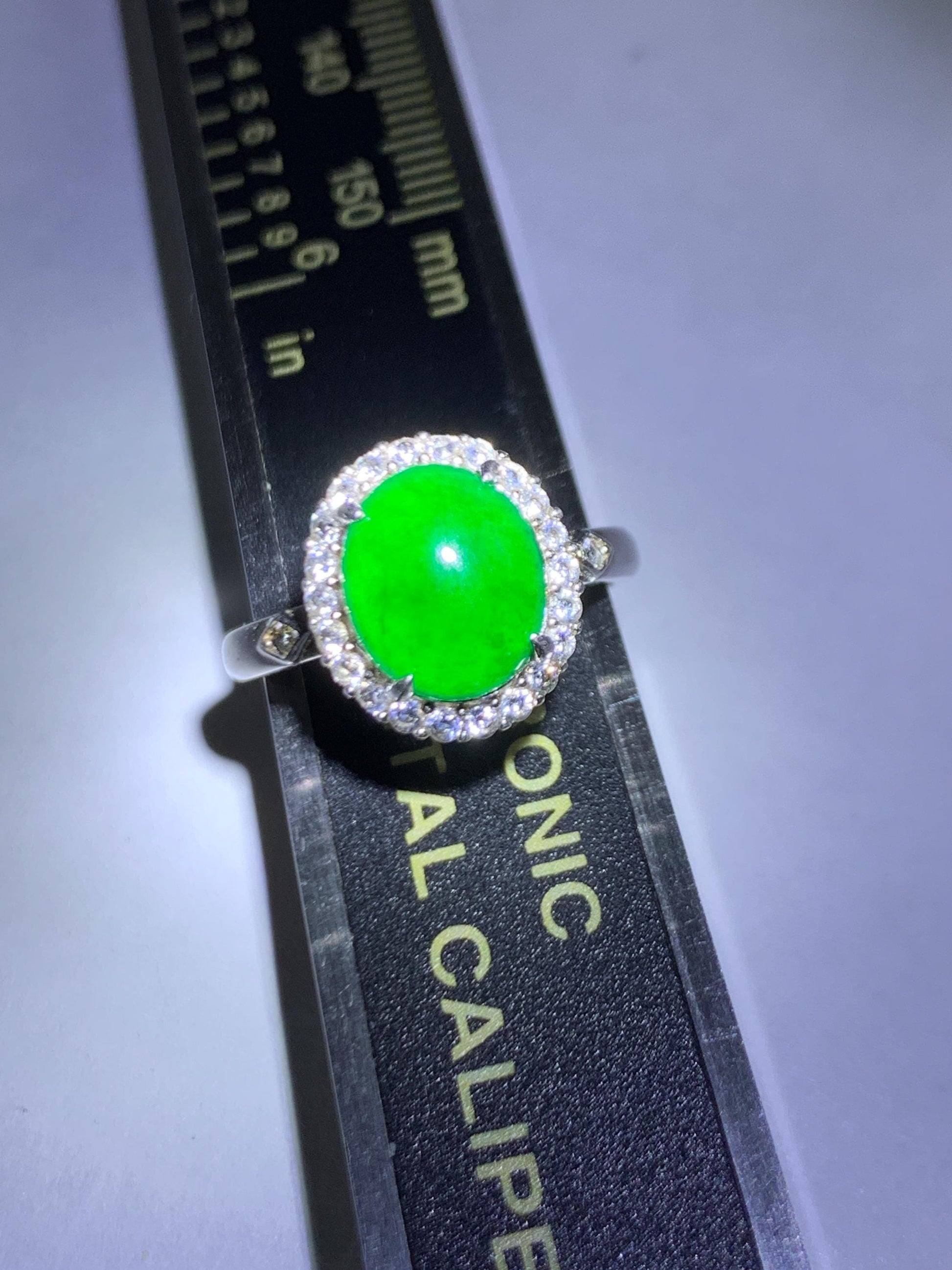 Natural Grade A Guatemalan Icy Translucent Vibrant Green Jade Jadeite Halo Style Ring Sterling Silver Size Adjustable 天然冰危绿翡翠银镶戒指 WLH132