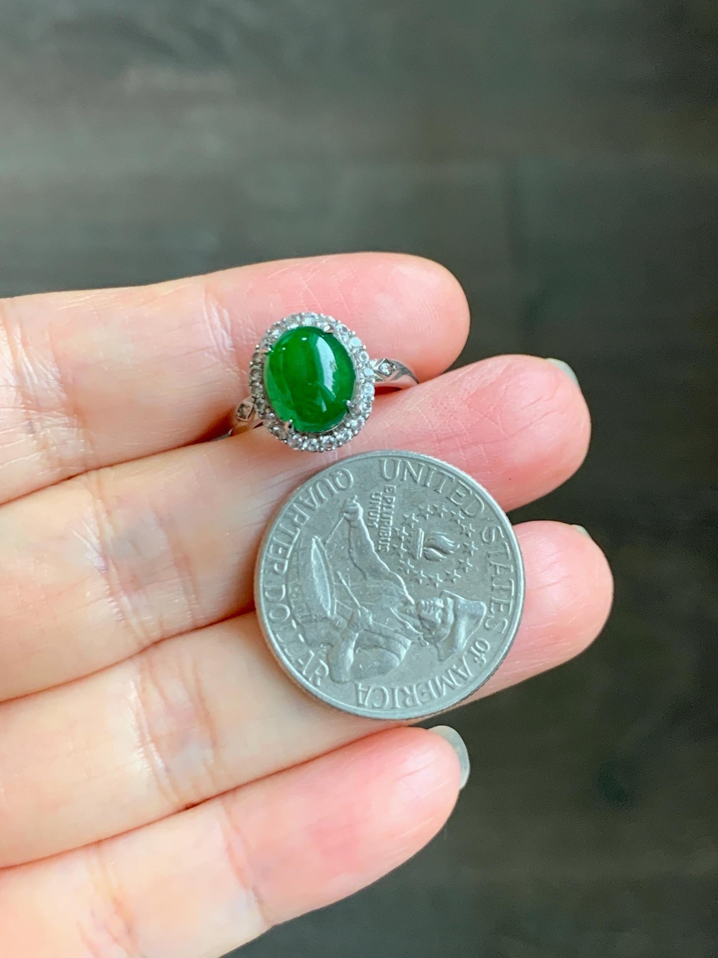 Natural Grade A Guatemalan Icy Translucent Vibrant Green Jade Jadeite Halo Style Ring Sterling Silver Size Adjustable 天然冰危绿翡翠银镶戒指 WLH132