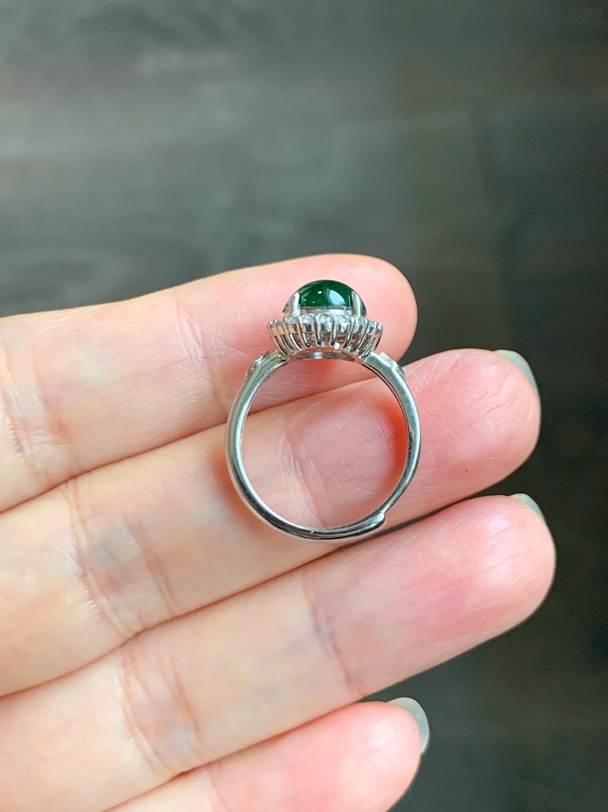 Natural Grade A Guatemalan Icy Translucent Vibrant Green Jade Jadeite Halo Style Ring Sterling Silver Size Adjustable 天然冰危绿翡翠银镶戒指 WLH132