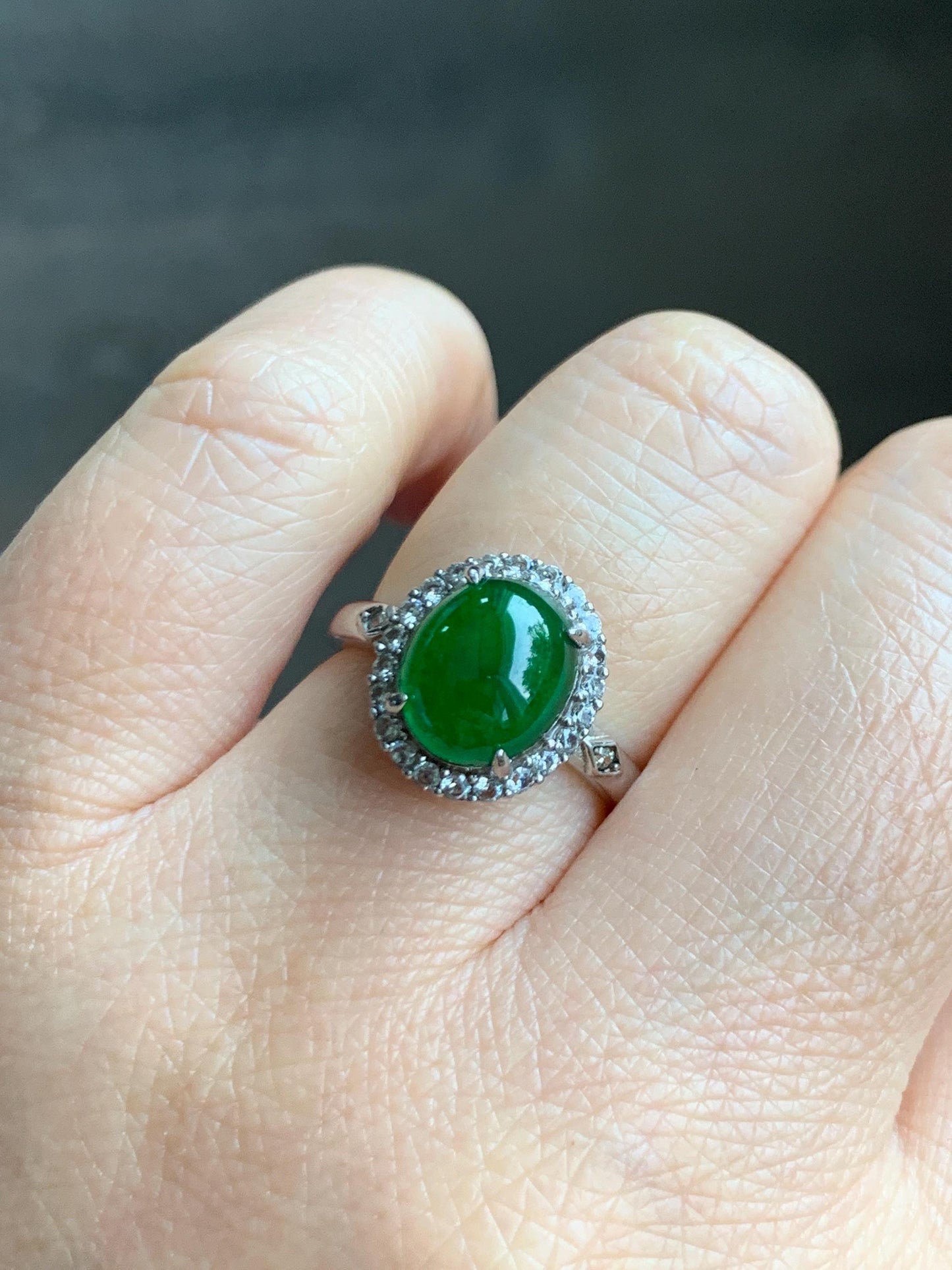 Natural Grade A Guatemalan Icy Translucent Vibrant Green Jade Jadeite Halo Style Ring Sterling Silver Size Adjustable 天然冰危绿翡翠银镶戒指 WLH132