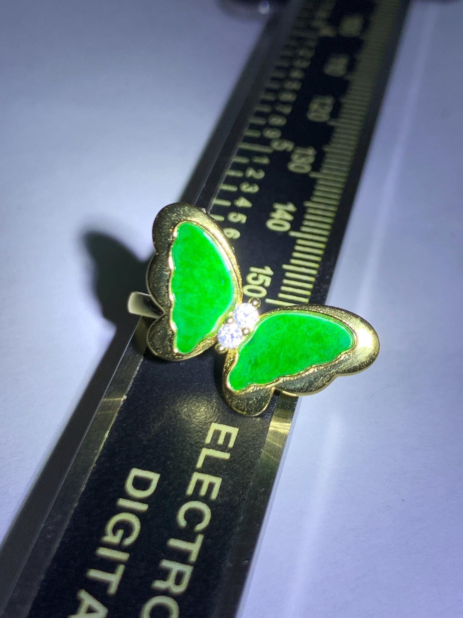 Natural Grade A Icy Vibrant Green Jade Jadeite & Mother Of Pearl Butterfly Ring Sterling Silver Size 7 Adjustable 天然阳绿花青翡翠贝母银镶蝴蝶戒指 HQHD176