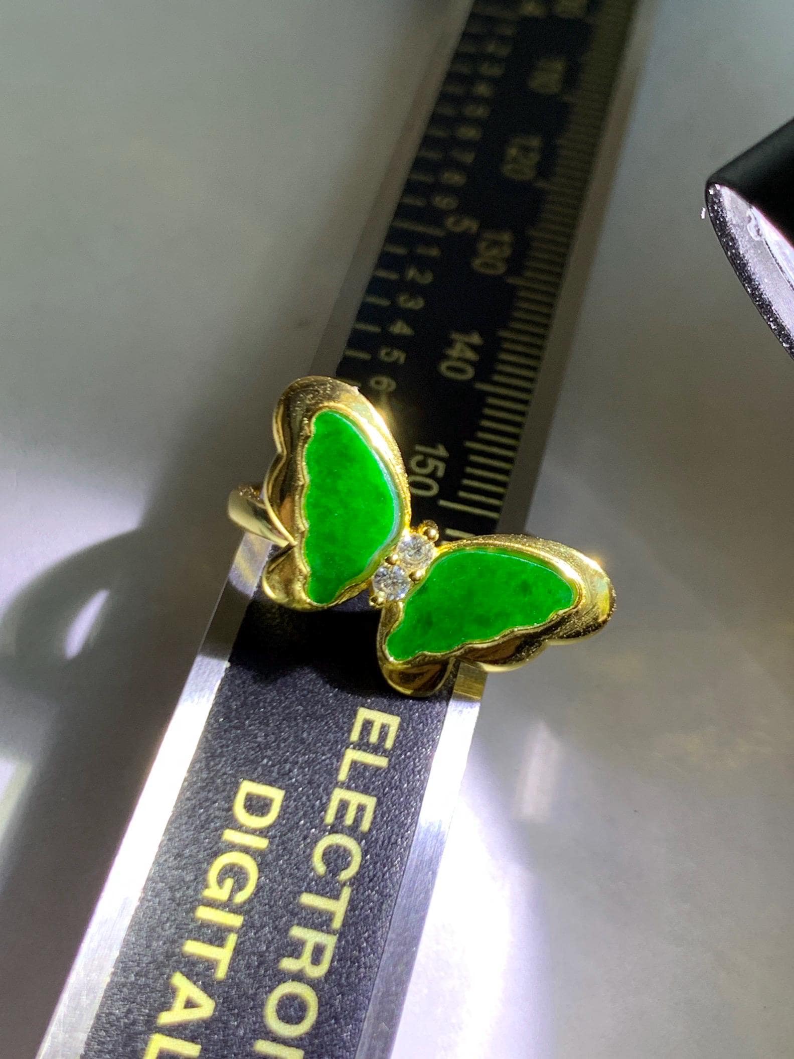 Natural Grade A Icy Vibrant Green Jade Jadeite & Mother Of Pearl Butterfly Ring Sterling Silver Size 7 Adjustable 天然阳绿花青翡翠贝母银镶蝴蝶戒指 HQHD176