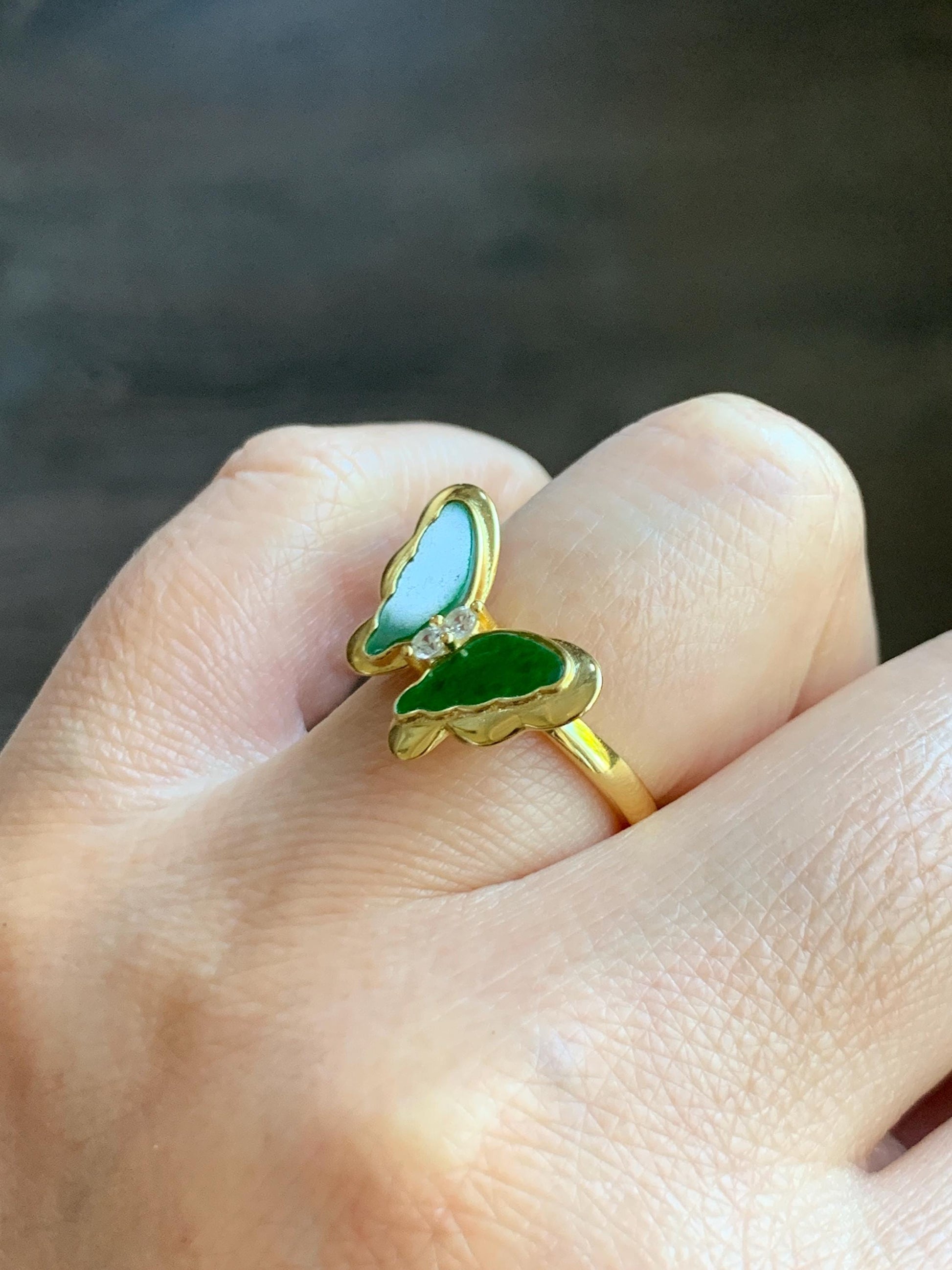 Natural Grade A Icy Vibrant Green Jade Jadeite & Mother Of Pearl Butterfly Ring Sterling Silver Size 7 Adjustable 天然阳绿花青翡翠贝母银镶蝴蝶戒指 HQHD176
