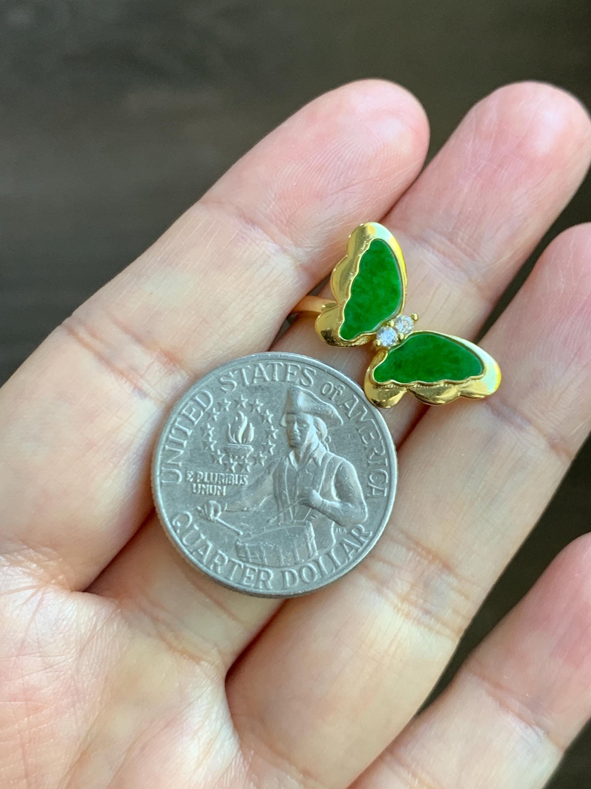 Natural Grade A Icy Vibrant Green Jade Jadeite & Mother Of Pearl Butterfly Ring Sterling Silver Size 7 Adjustable 天然阳绿花青翡翠贝母银镶蝴蝶戒指 HQHD176
