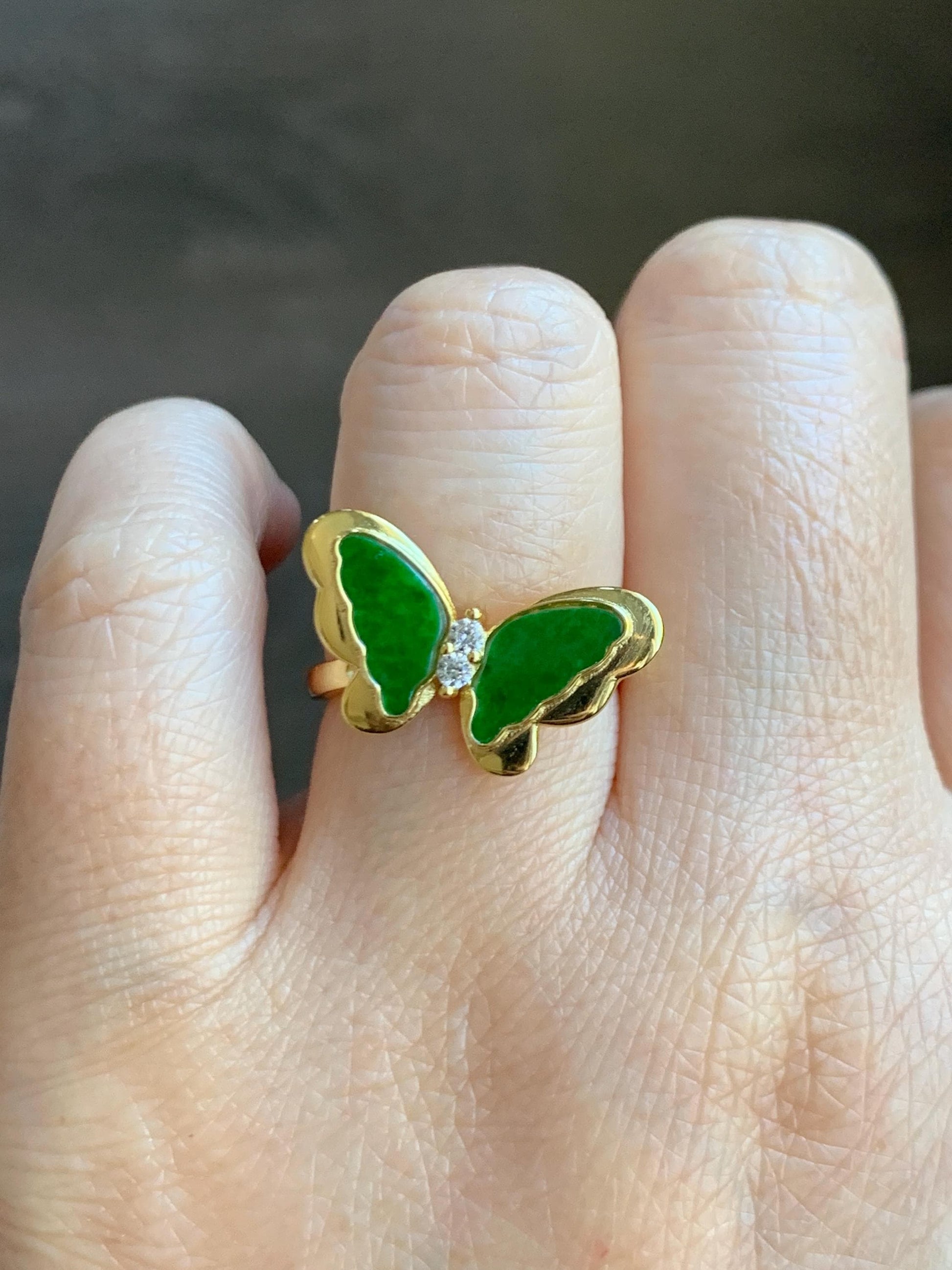 Natural Grade A Icy Vibrant Green Jade Jadeite & Mother Of Pearl Butterfly Ring Sterling Silver Size 7 Adjustable 天然阳绿花青翡翠贝母银镶蝴蝶戒指 HQHD176